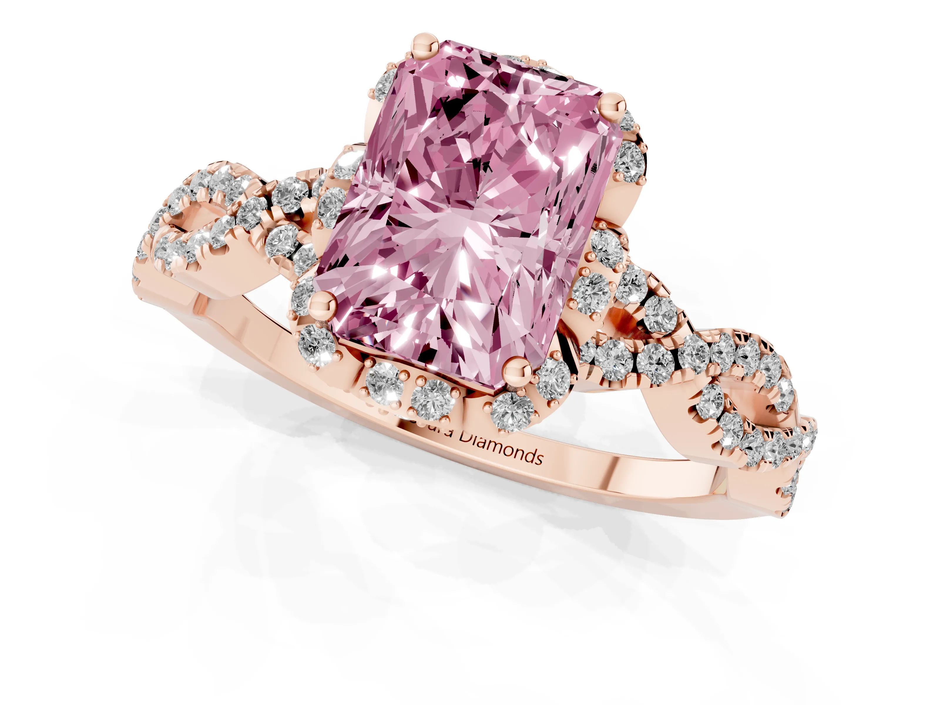 Fancy Pink Radiant Cut Diamond Halo Twist Band Solitaire Ring Set in Rose gold with Prong-Set Center Stone