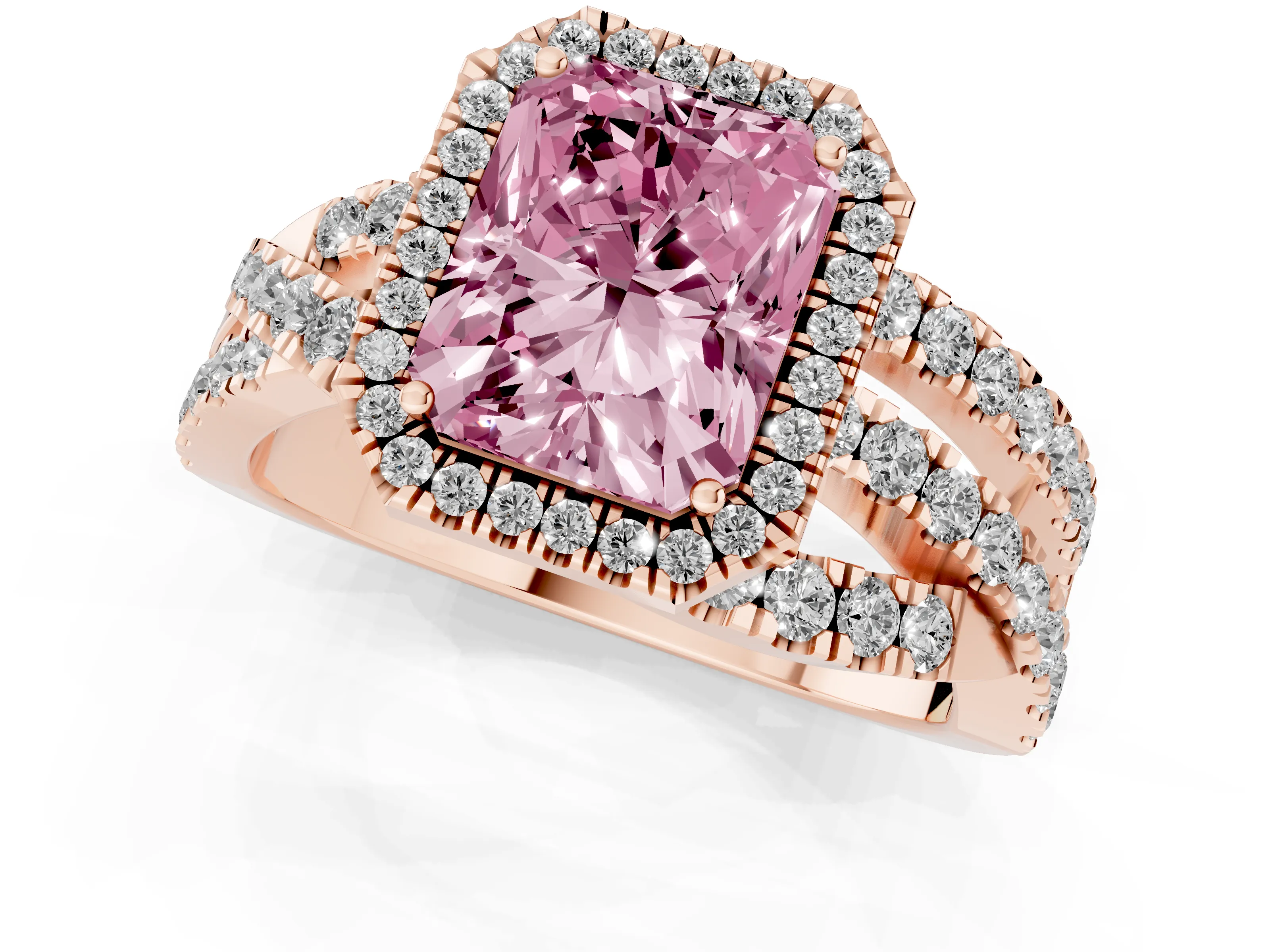 Fancy Pink Radiant Cut Diamond Halo Ring Set in Rose gold with Round Crossover Split Shank and Prong Setting