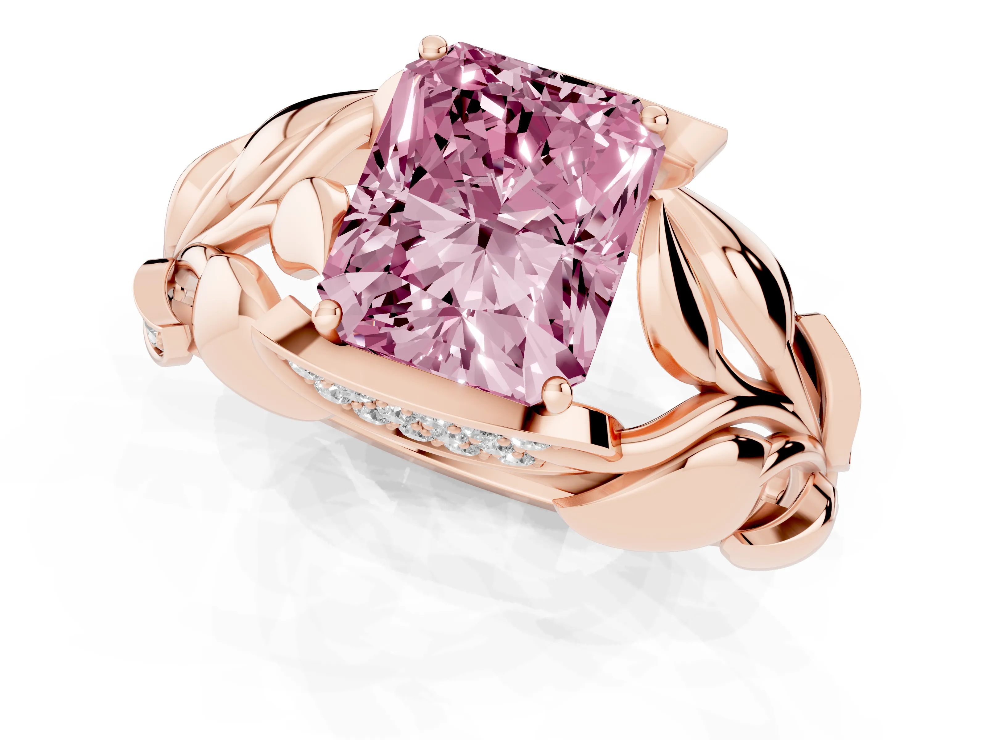 Fancy Pink Radiant Cut Diamond Leaf-Inspired Engagement Ring Set in Rose gold with Round Accents