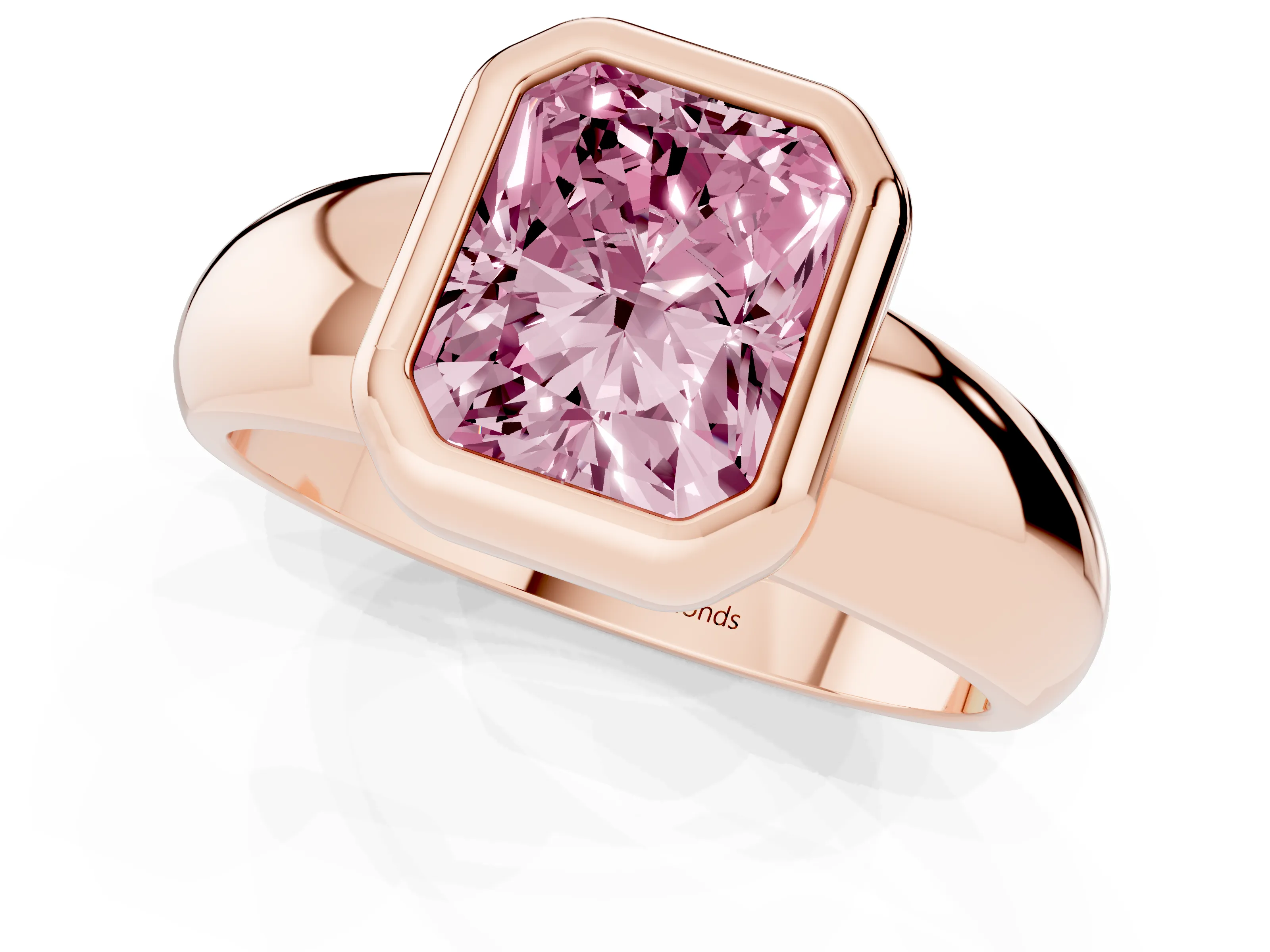 Fancy Pink Bezel Set Radiant Cut Diamond Solitaire Ring Set in Rose gold with Wide Band