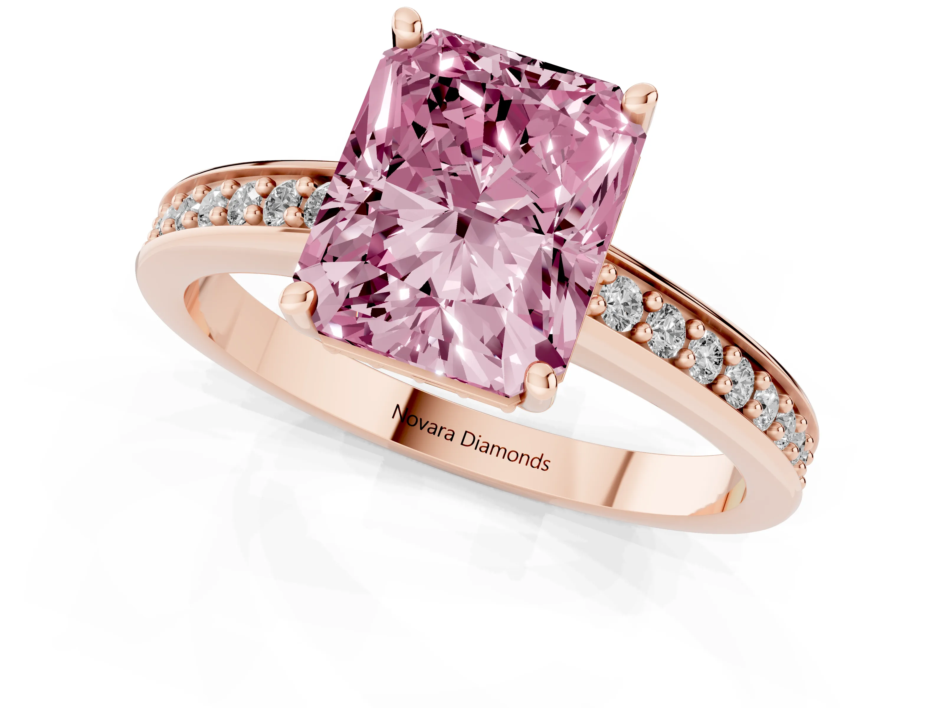 Fancy Pink Radiant Cut Diamond Pavé Band Prong Set Solitaire Ring Set in Rose gold