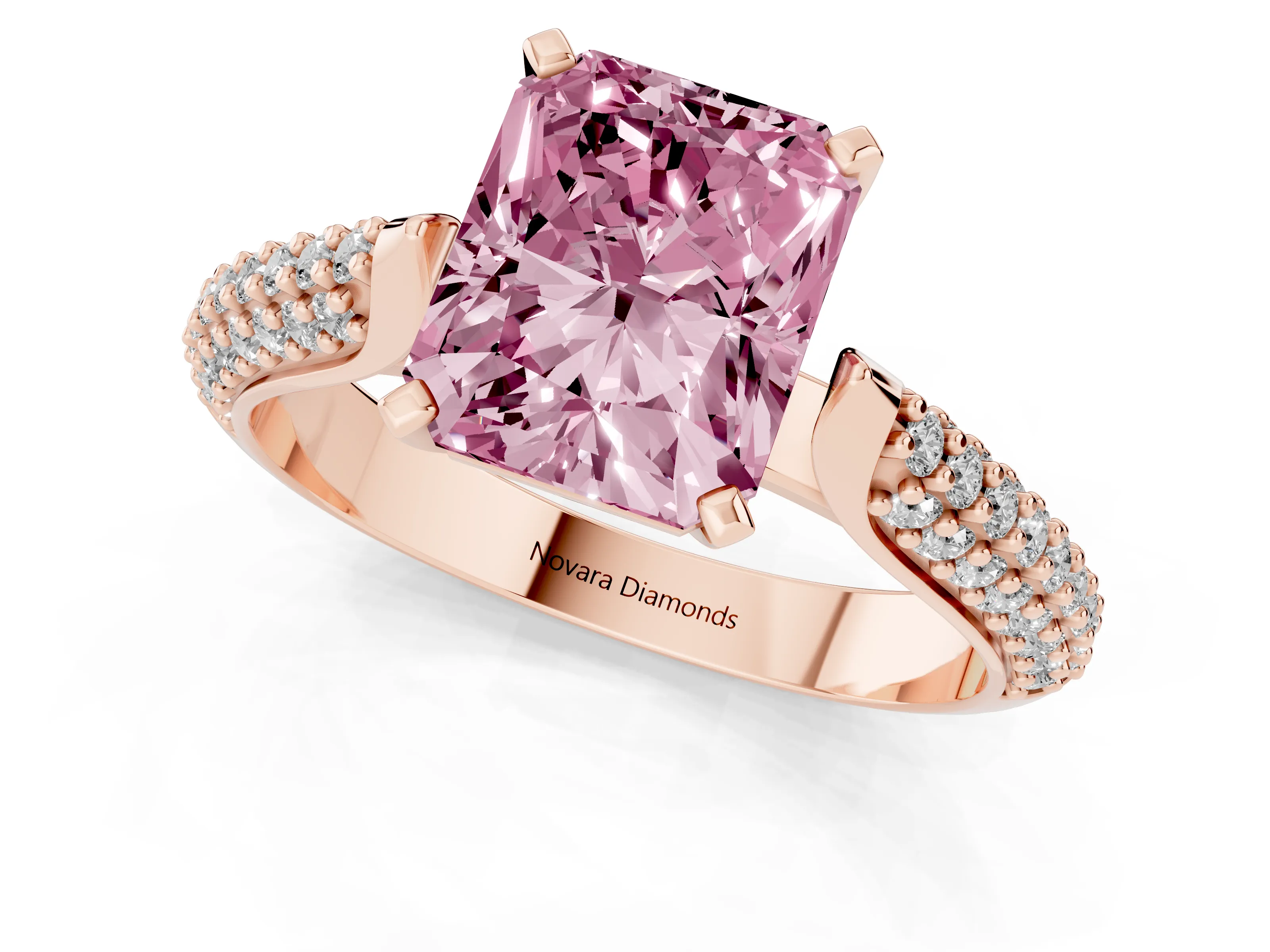Fancy Pink Radiant Cut Diamond Solitaire Engagement Ring Set in Rose gold with Multi-Row Round Pavé Band and Prong Setting