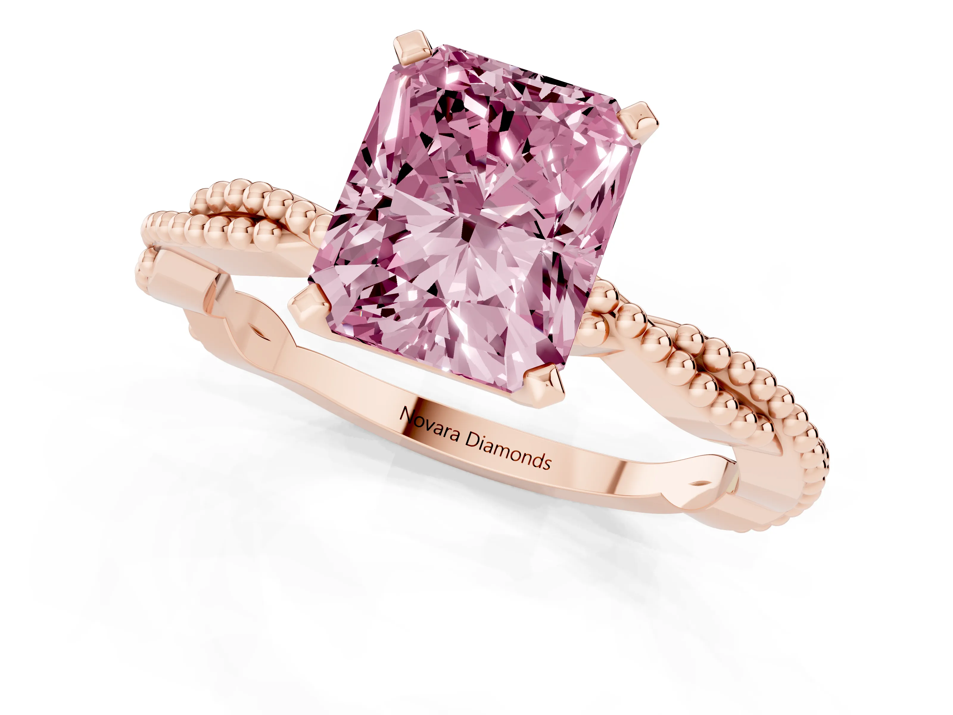 Fancy Pink Radiant Cut Diamond Solitaire Ring Set in Rose gold with Twisted Band and Bead Prong Setting