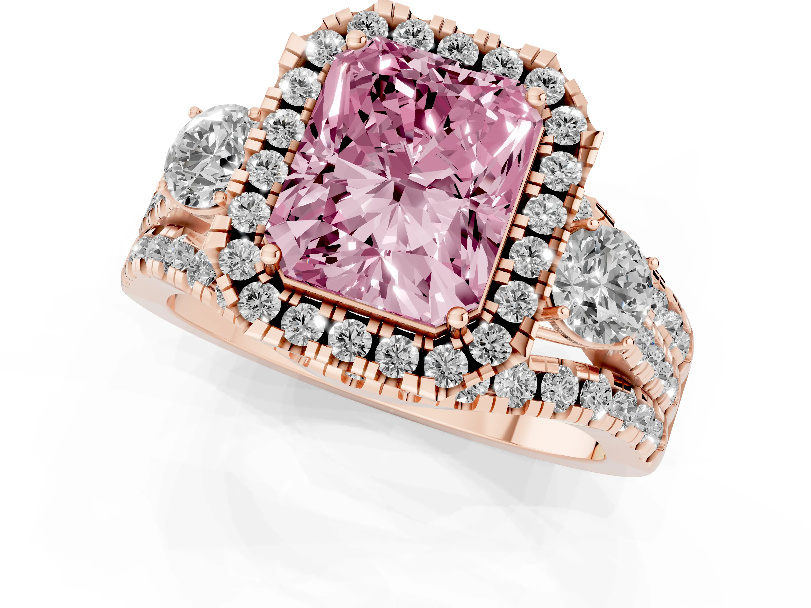 Fancy Pink Radiant Cut Diamond Halo Split Shank Ring Set in Rose gold with Round Accent Stones and Prong Setting