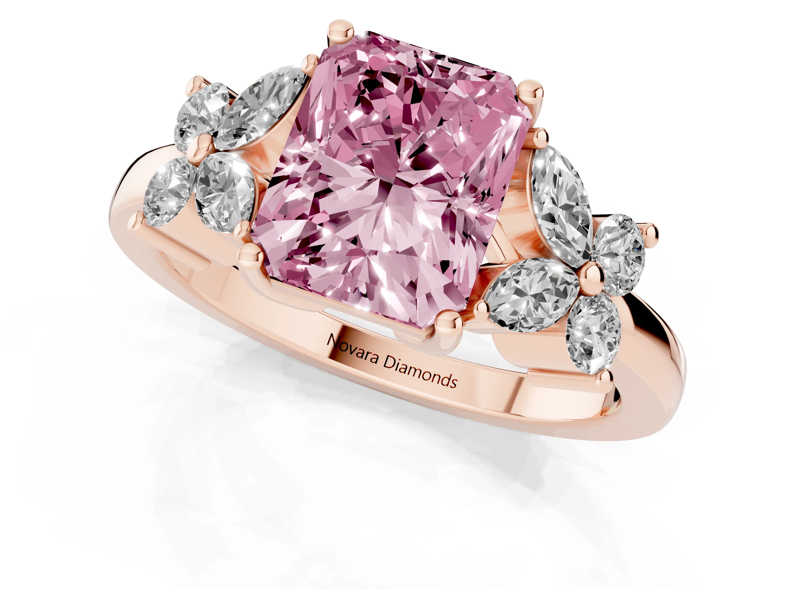 Fancy Pink Radiant Cut Diamond Floral Cluster Ring Set in Rose gold with Marquise Petals and Prong Setting