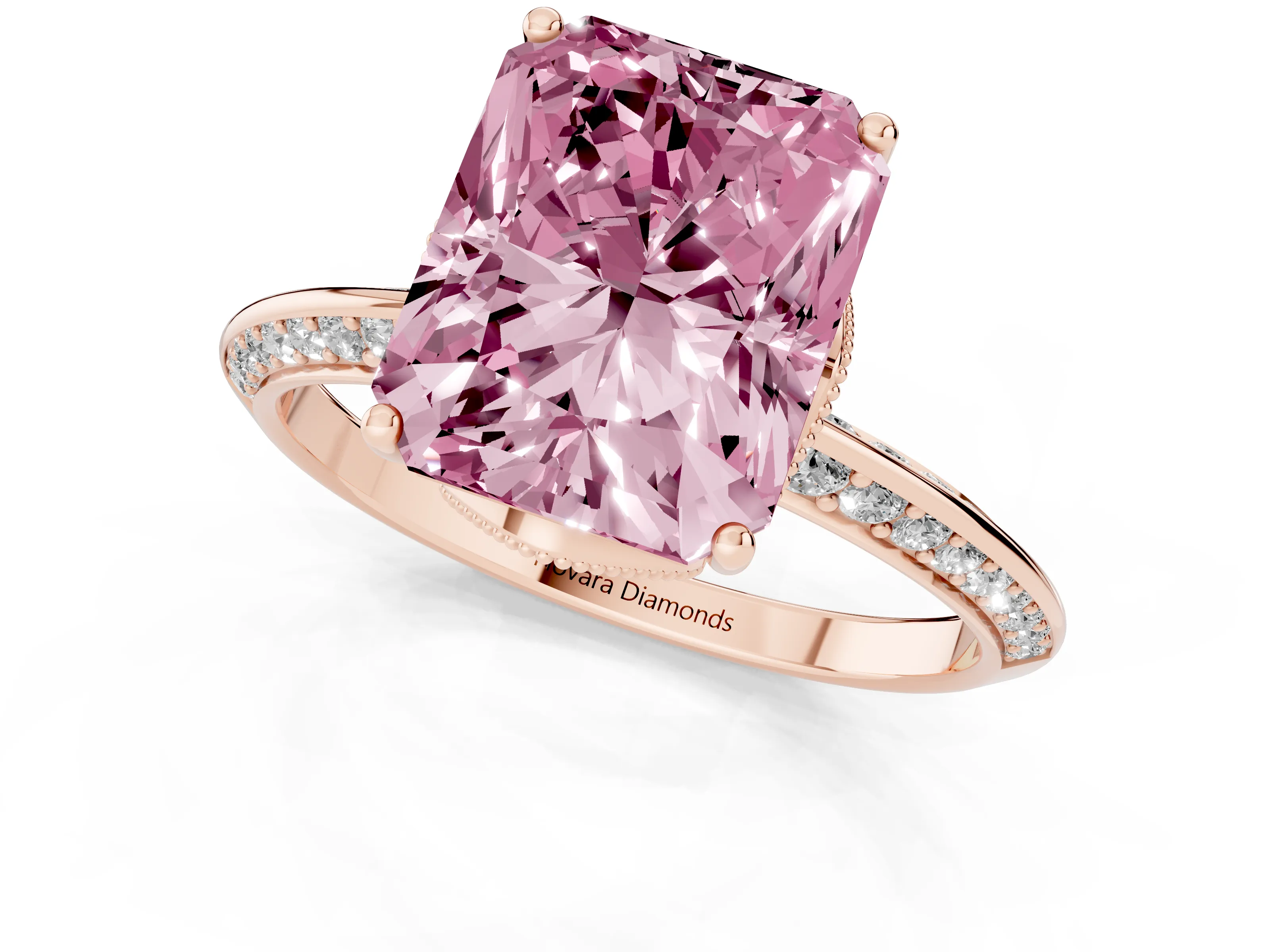 Fancy Pink Radiant Cut Diamond Solitaire Engagement Ring Set in Rose gold with Pavé Split Shank and Prong Setting