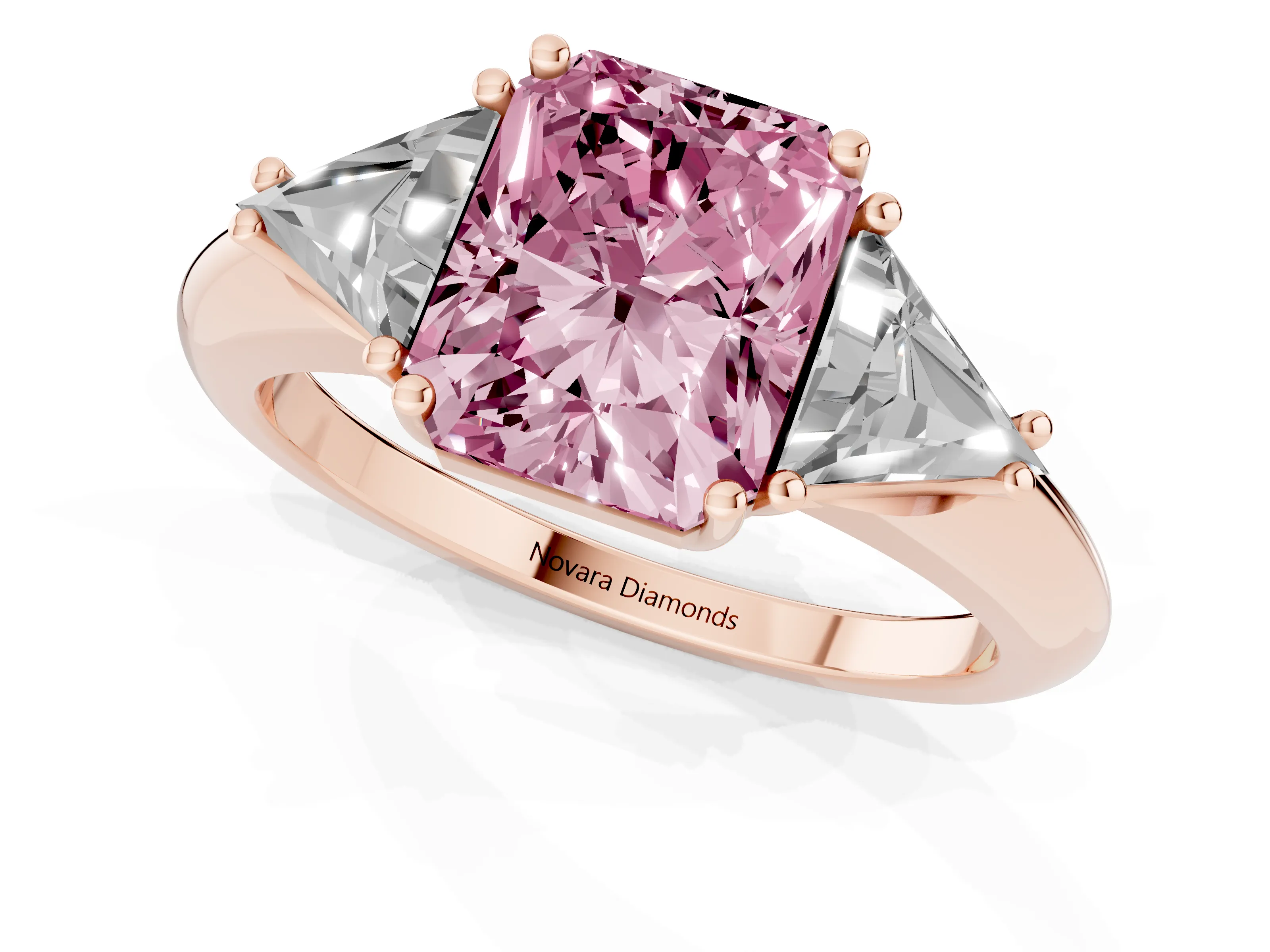 Fancy Pink Radiant Cut Diamond Three-Stone Engagement Ring Set in Rose gold with Trillion Side Stones