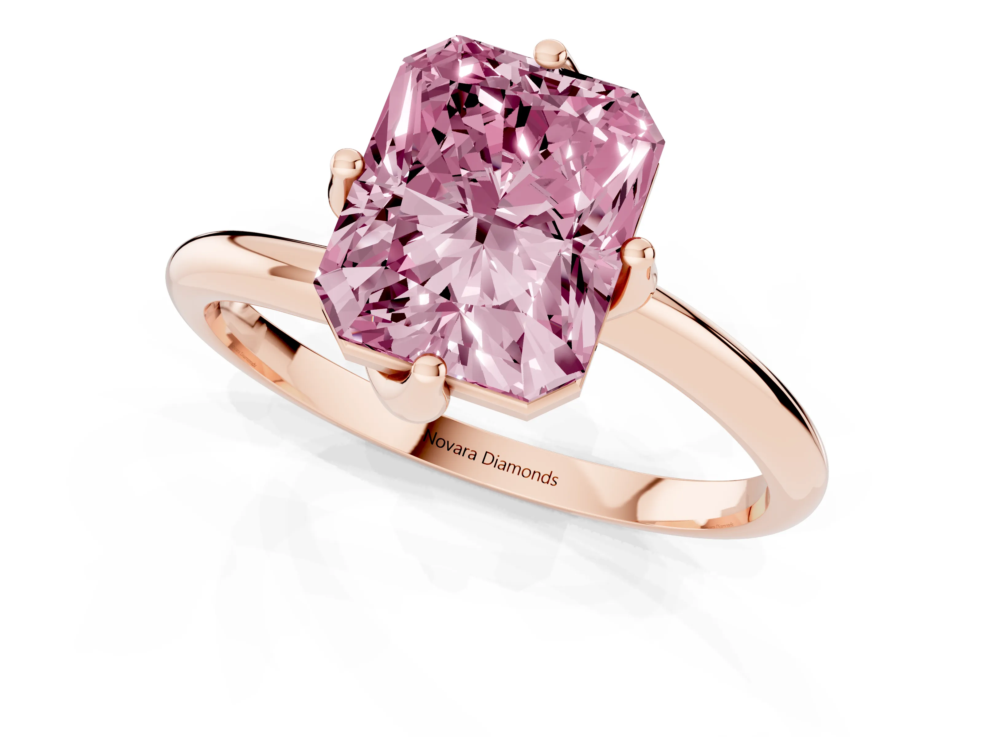 Fancy Pink Radiant Cut Diamond Solitaire Engagement Ring Set in Rose gold with Classic Plain Band