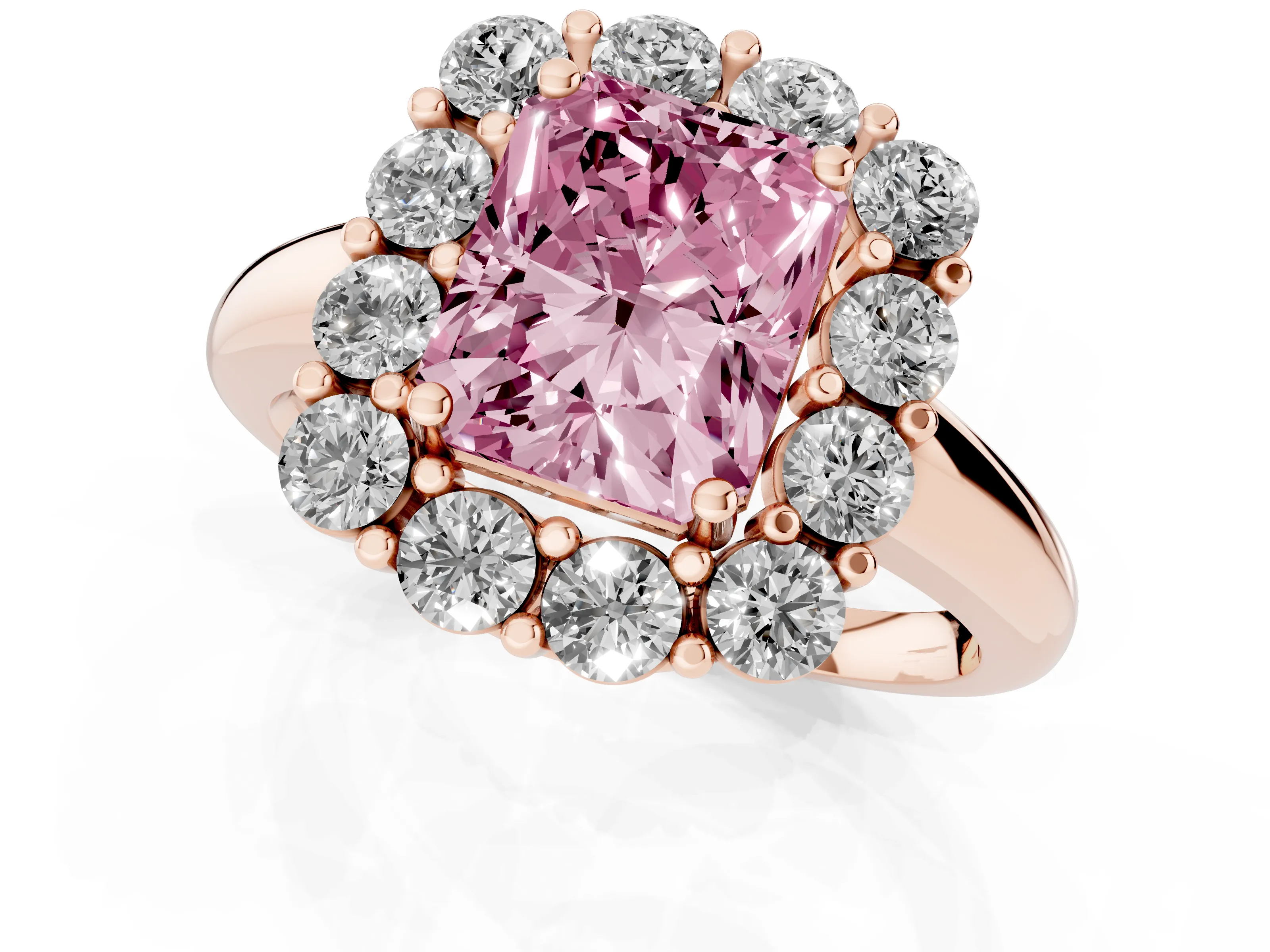 Fancy Pink Radiant Cut Diamond Halo Cluster Engagement Ring Set in Rose gold with Polished Band and Prong Setting