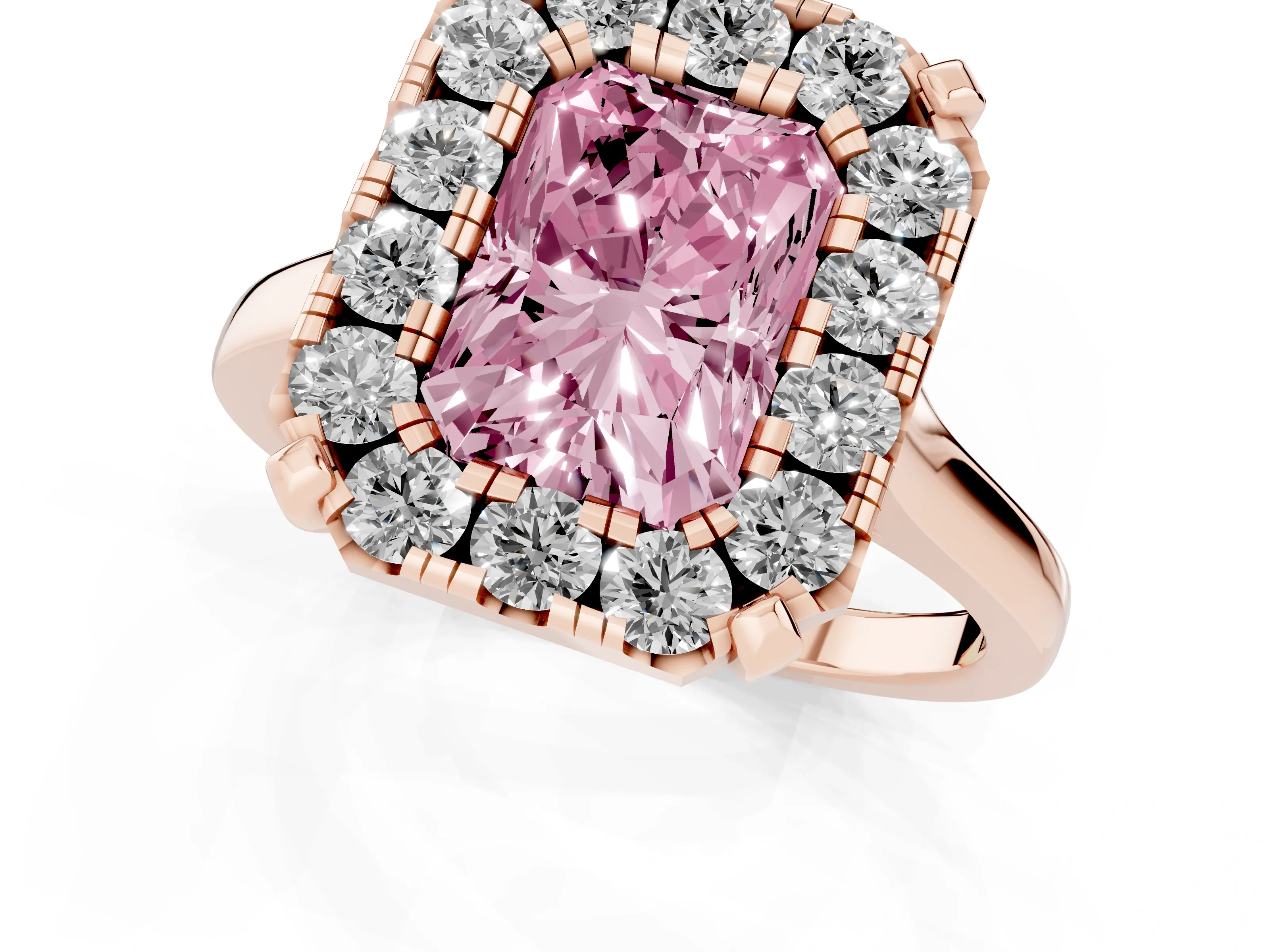 Fancy Pink Radiant Cut Diamond Cluster Halo Solitaire Ring Set in Rose gold with Prong Setting