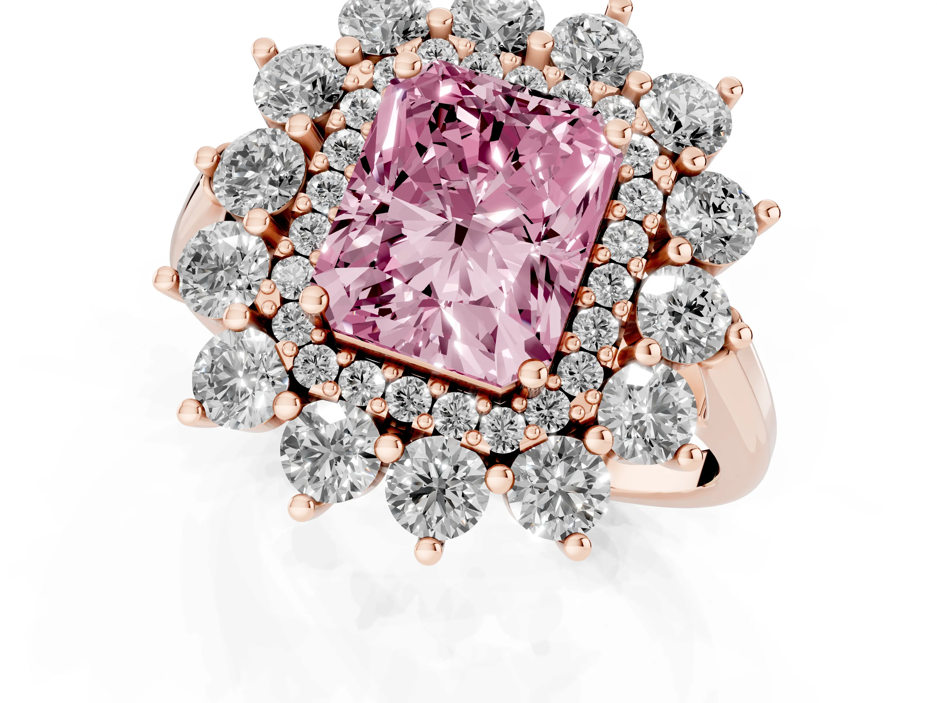 Fancy Pink Radiant Cut Diamond Floral Double Halo Ring Set in Rose gold with Round Petals