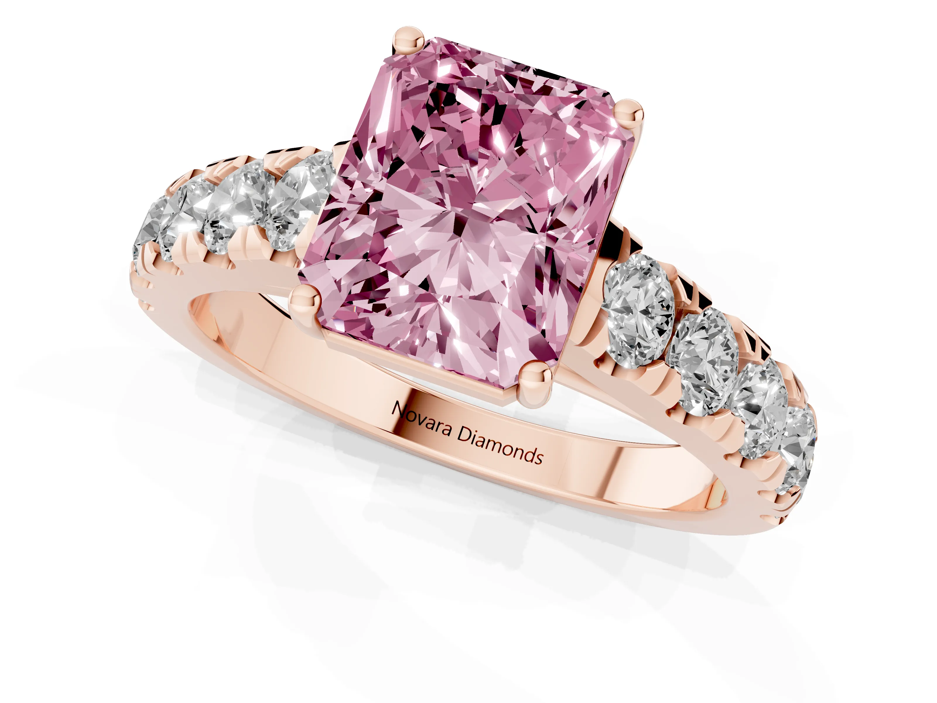 Fancy Pink Radiant Cut Diamond Solitaire Ring Set in Rose gold with Cut-Down Micro Pavé Band and Prong Setting