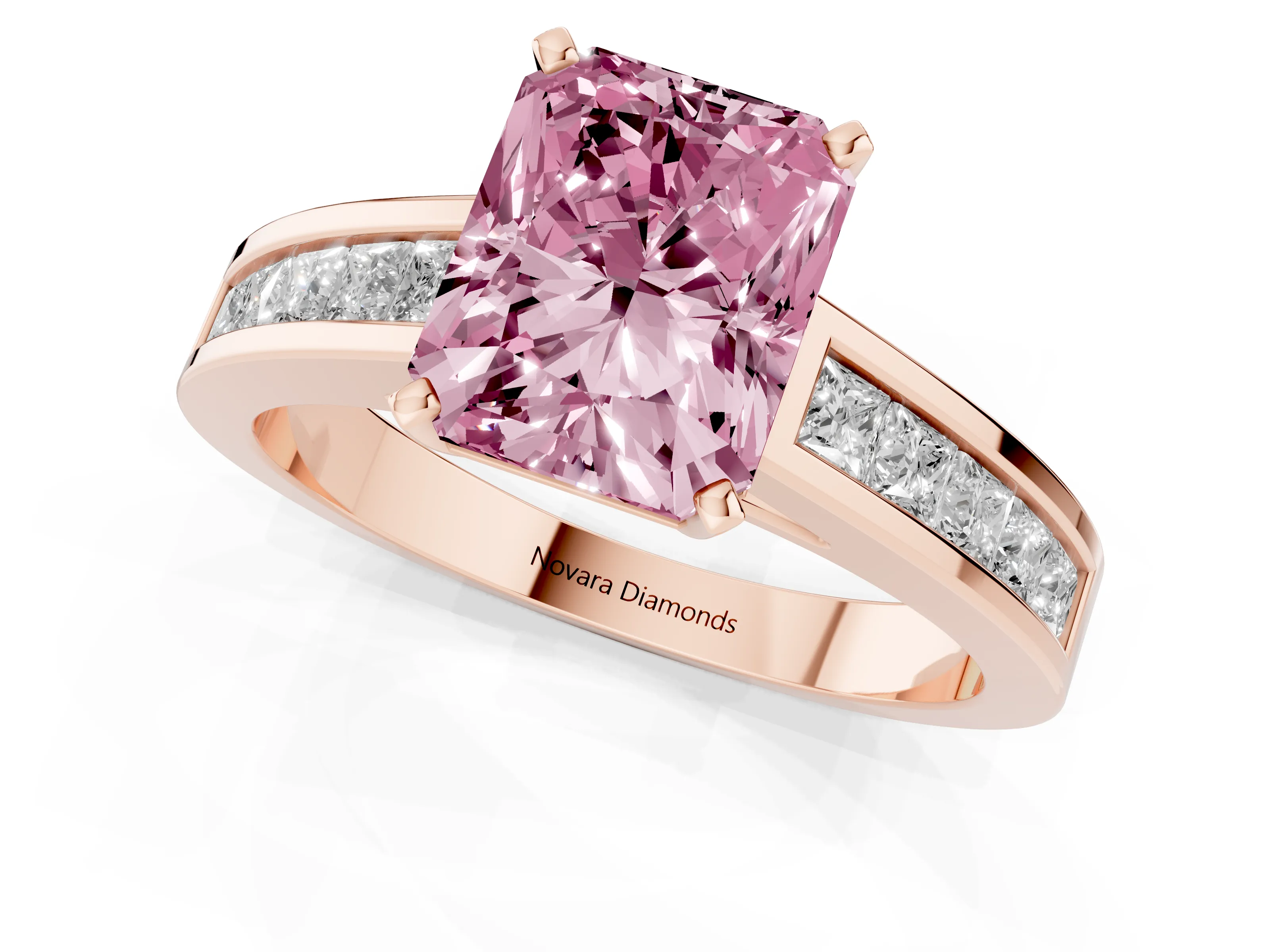 Fancy Pink Radiant Cut Diamond Solitaire Ring Set in Rose gold with Channel-Set Band and Prong Setting