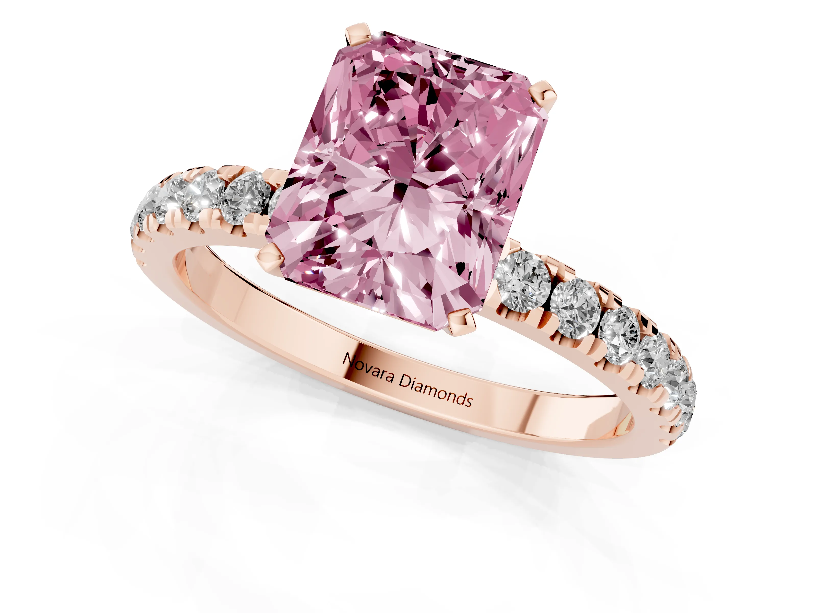 Fancy Pink Radiant Cut Diamond Solitaire Ring Set in Rose gold with Pavé Accents and Prong Setting
