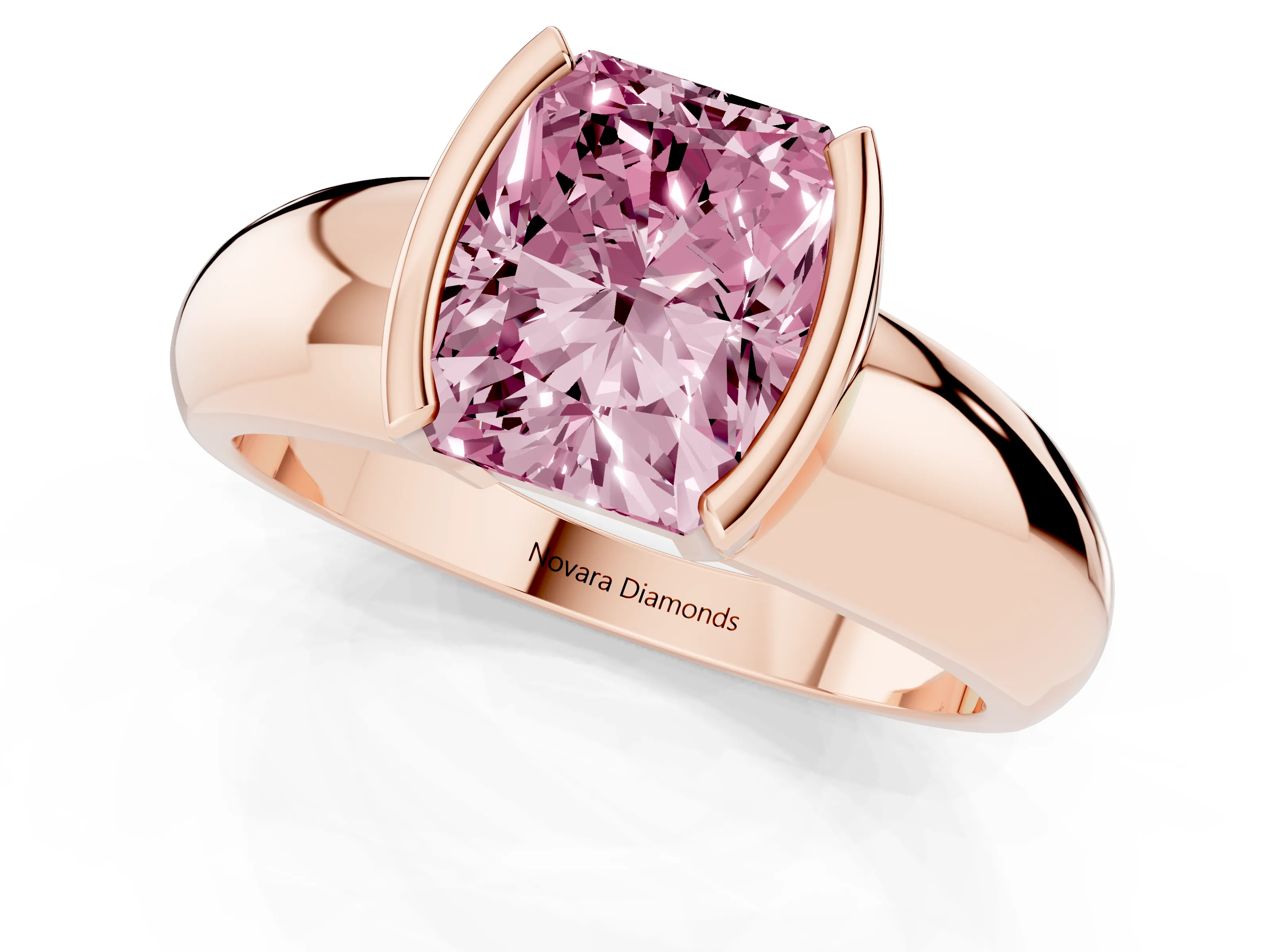 Fancy Pink Radiant Cut Diamond Solitaire Tension Set Ring Set in Rose gold with Wide Band