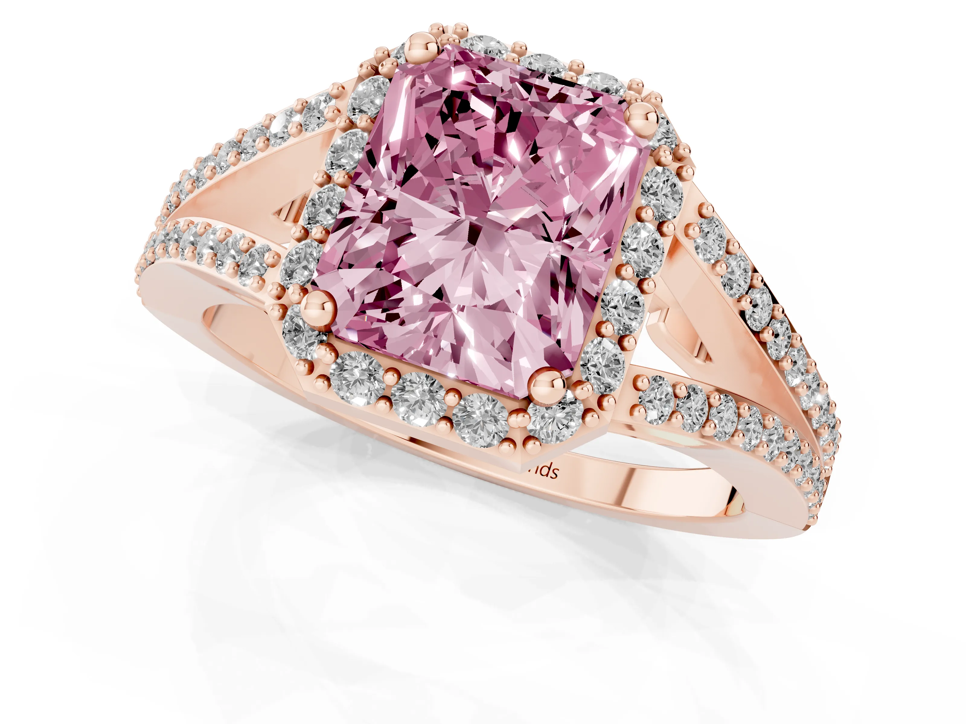 Fancy Pink Radiant Cut Diamond Halo Split Shank Pavé Ring Set in Rose gold with Prong Setting
