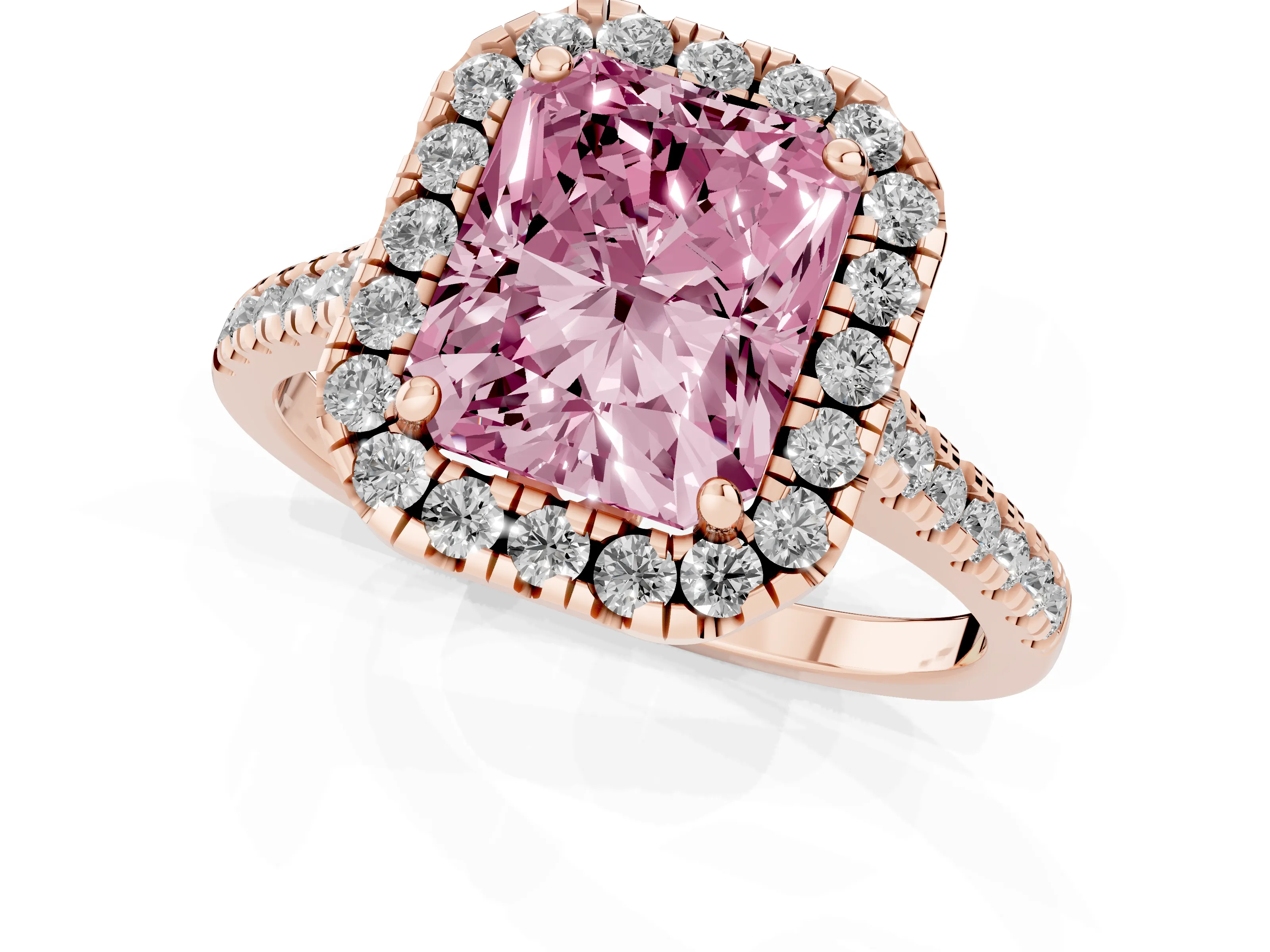 Fancy Pink Radiant Cut Diamond Cushion Halo Ring Set in Rose gold with Pavé Band