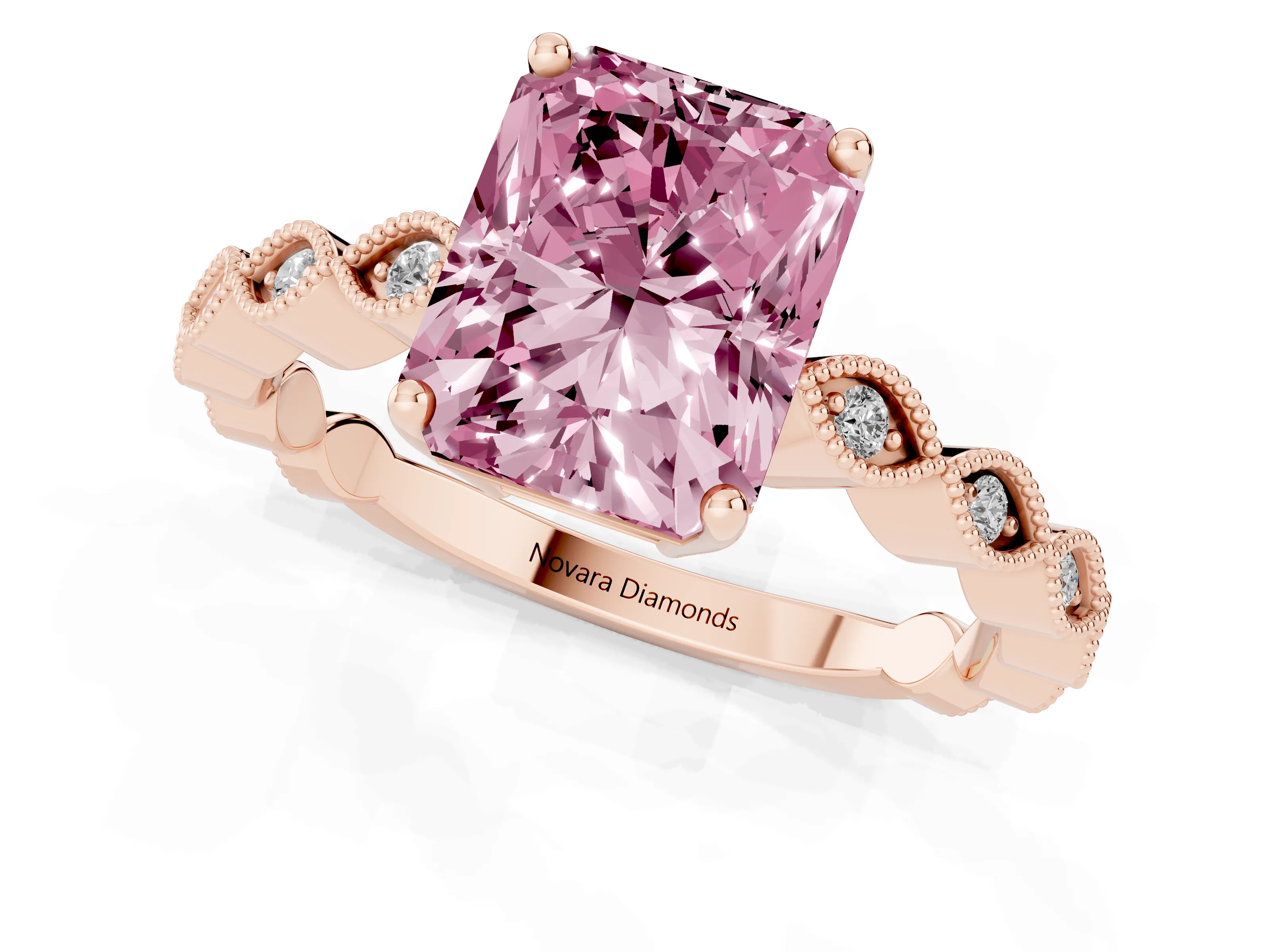 Fancy Pink Radiant Cut Diamond Solitaire Ring Set in Rose gold with Infinity Twist Pavé Band