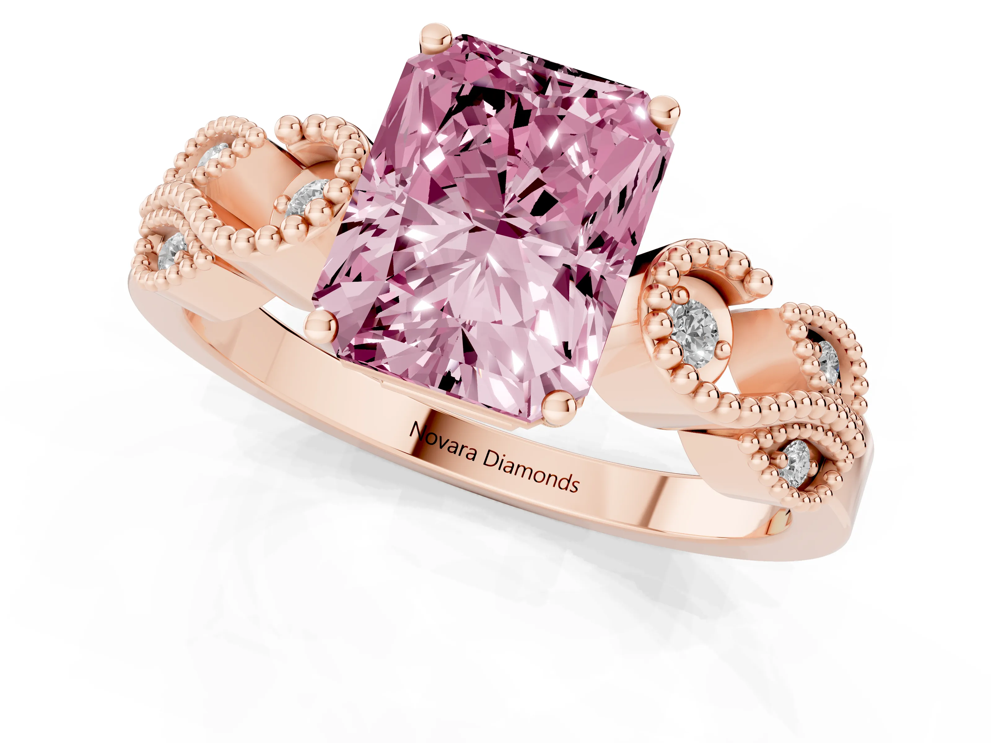 Fancy Pink Radiant Cut Diamond Milgrain Leaf Band Solitaire Ring Set in Rose gold with Accent Stones and Prong Setting