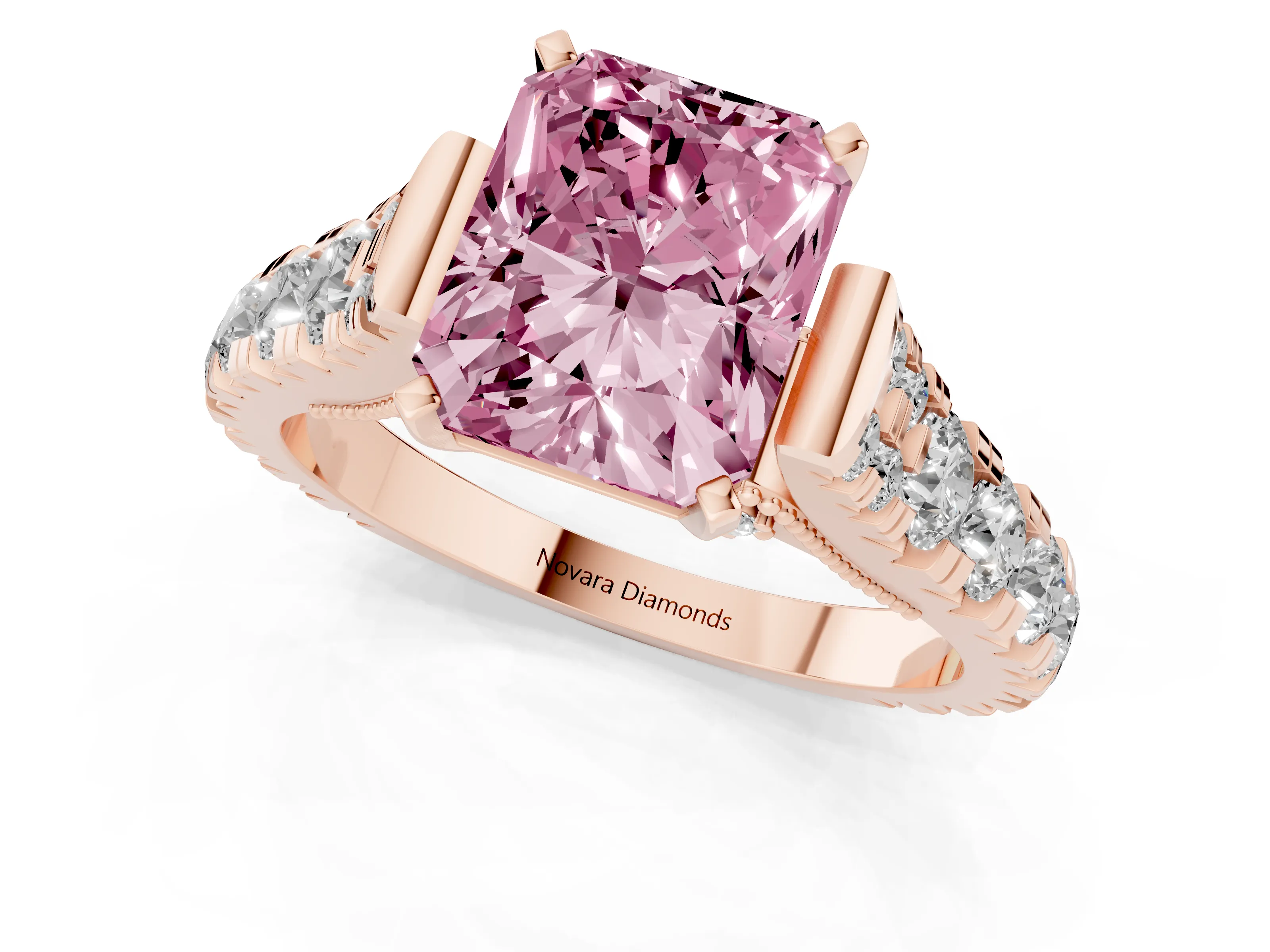 Fancy Pink Radiant Cut Diamond Classic Solitaire Ring Set in Rose gold with Pavé Band and Prong Setting