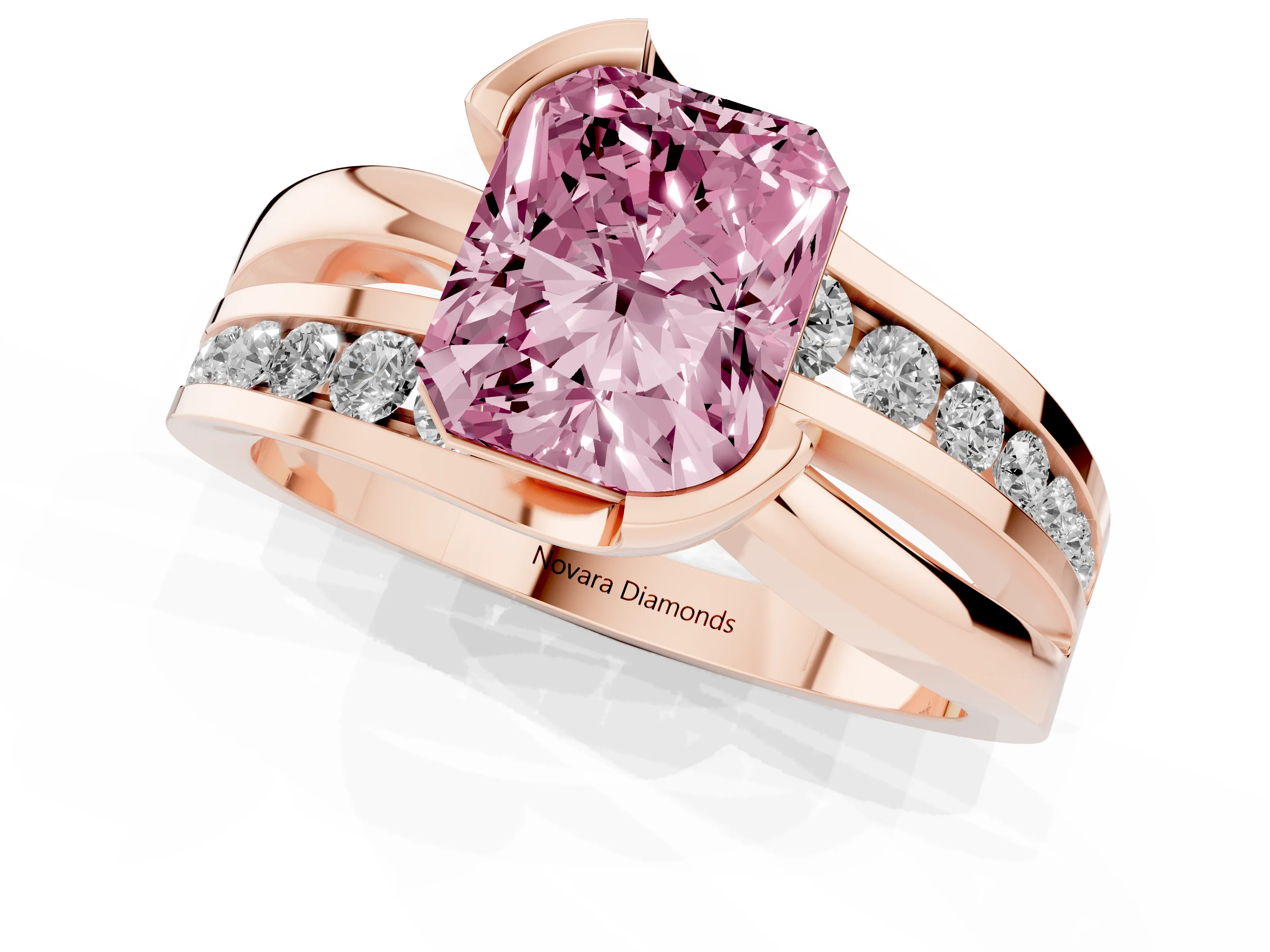 Fancy Pink Radiant Cut Diamond Solitaire Ring Set in Rose gold with Channel Set Split Shank and Tension Prongs