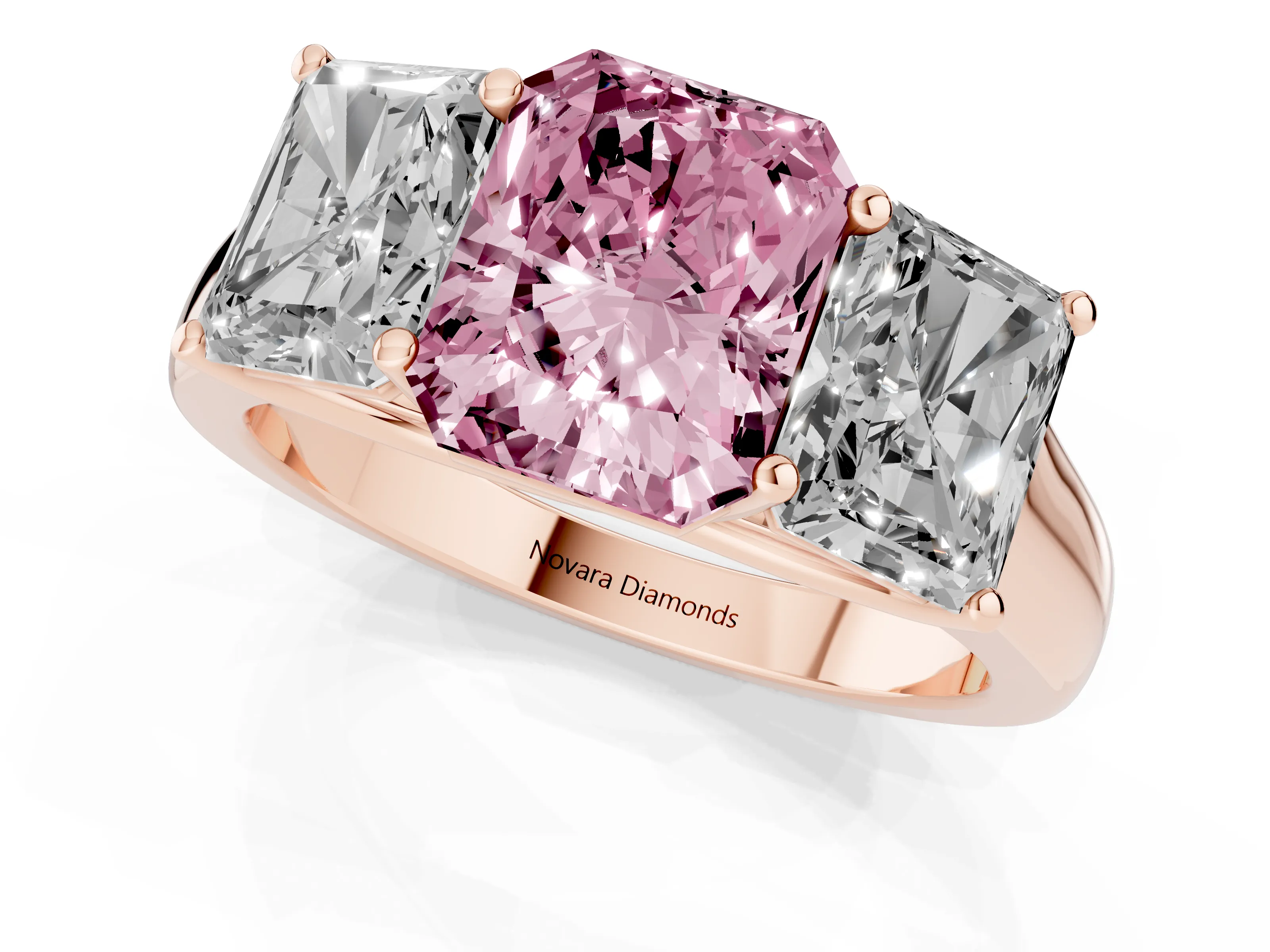 Fancy Pink Radiant Cut Diamond Three-Stone Ring Set in Rose gold with Plain Polished Band