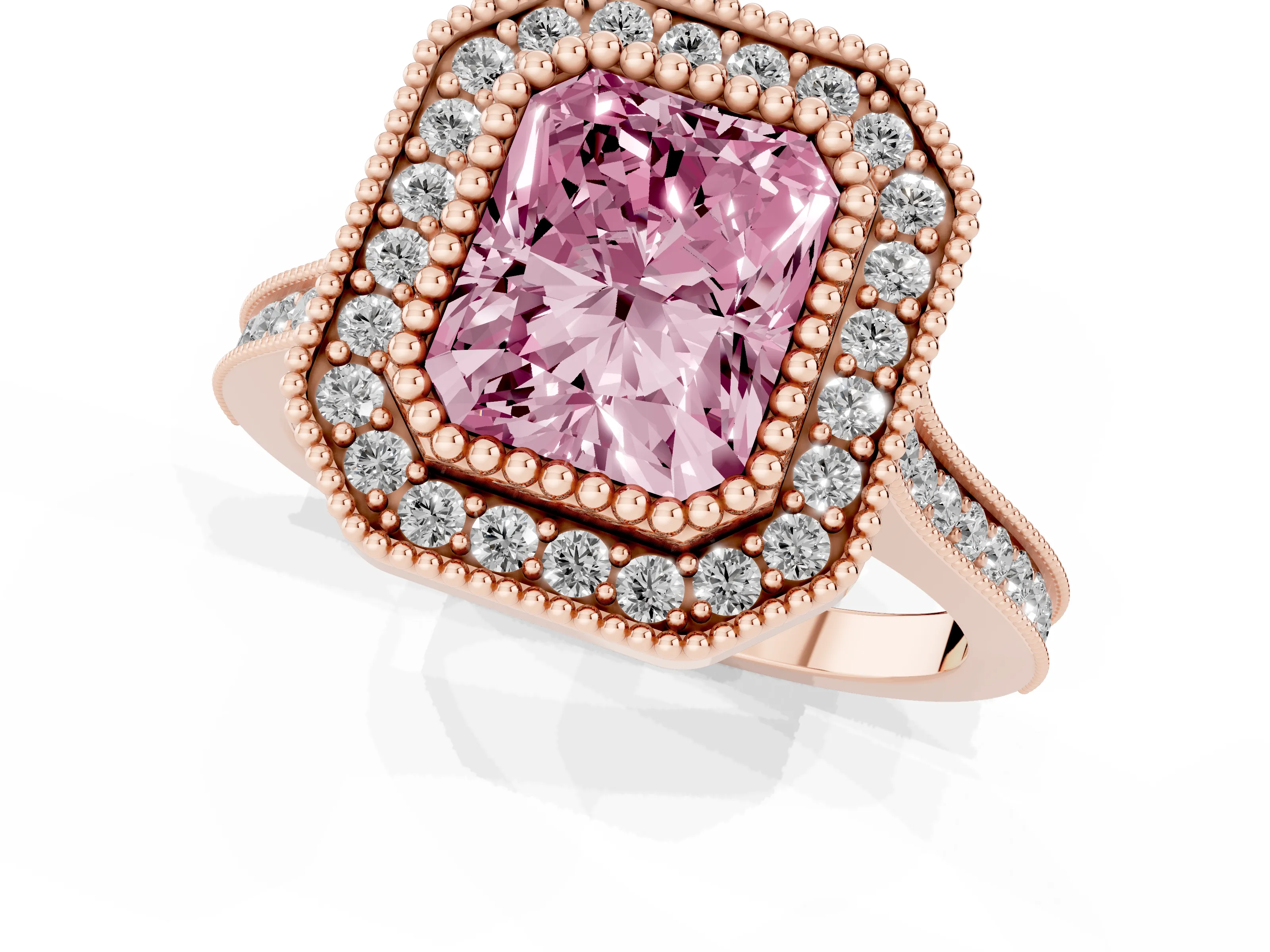 Fancy Pink Radiant Cut Diamond Halo Ring Set in Rose gold with Milgrain Frame and Pavé Band