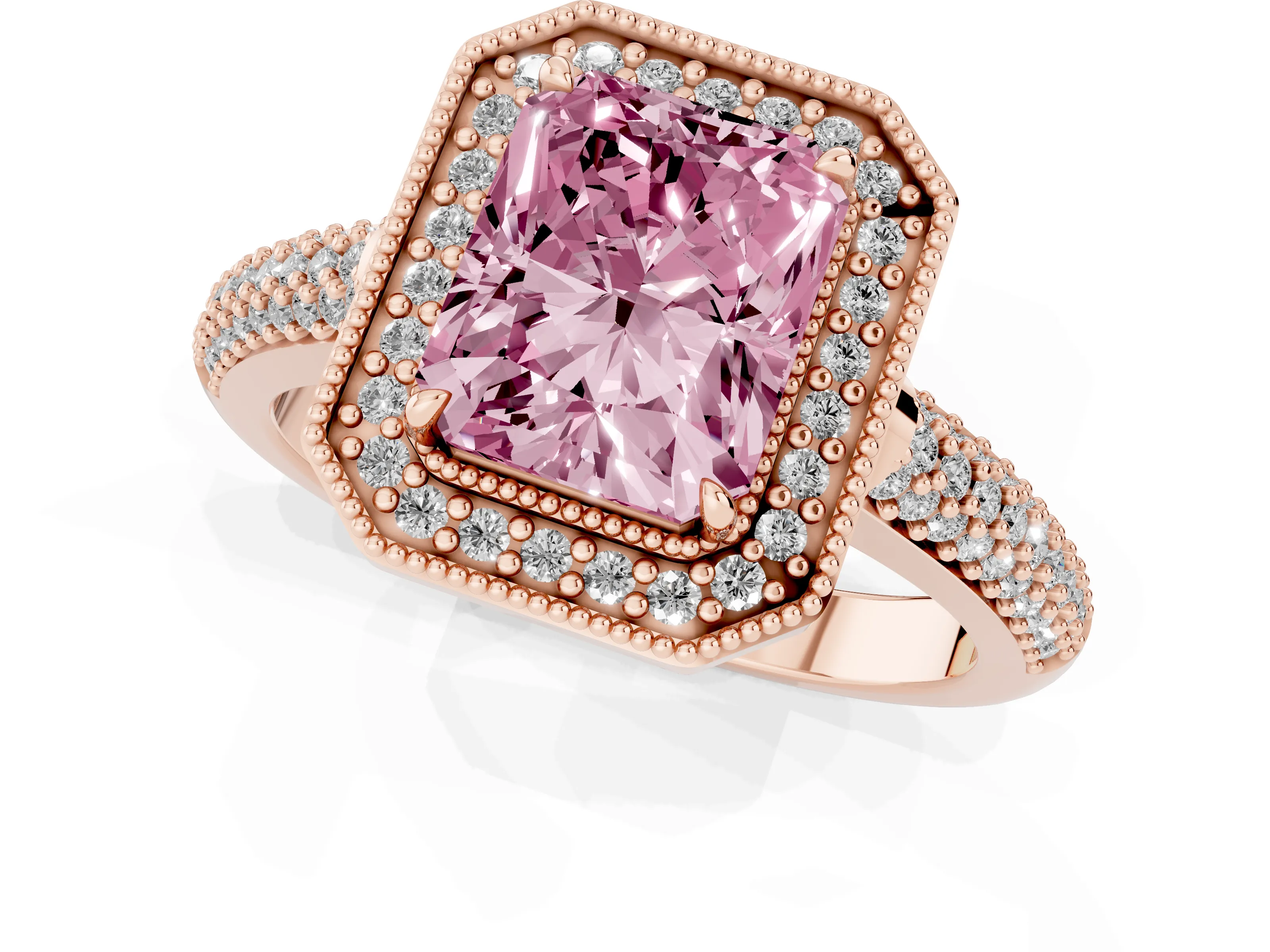 Fancy Pink Radiant Cut Diamond Halo Pavé Band Set in Rose gold with Prong Setting