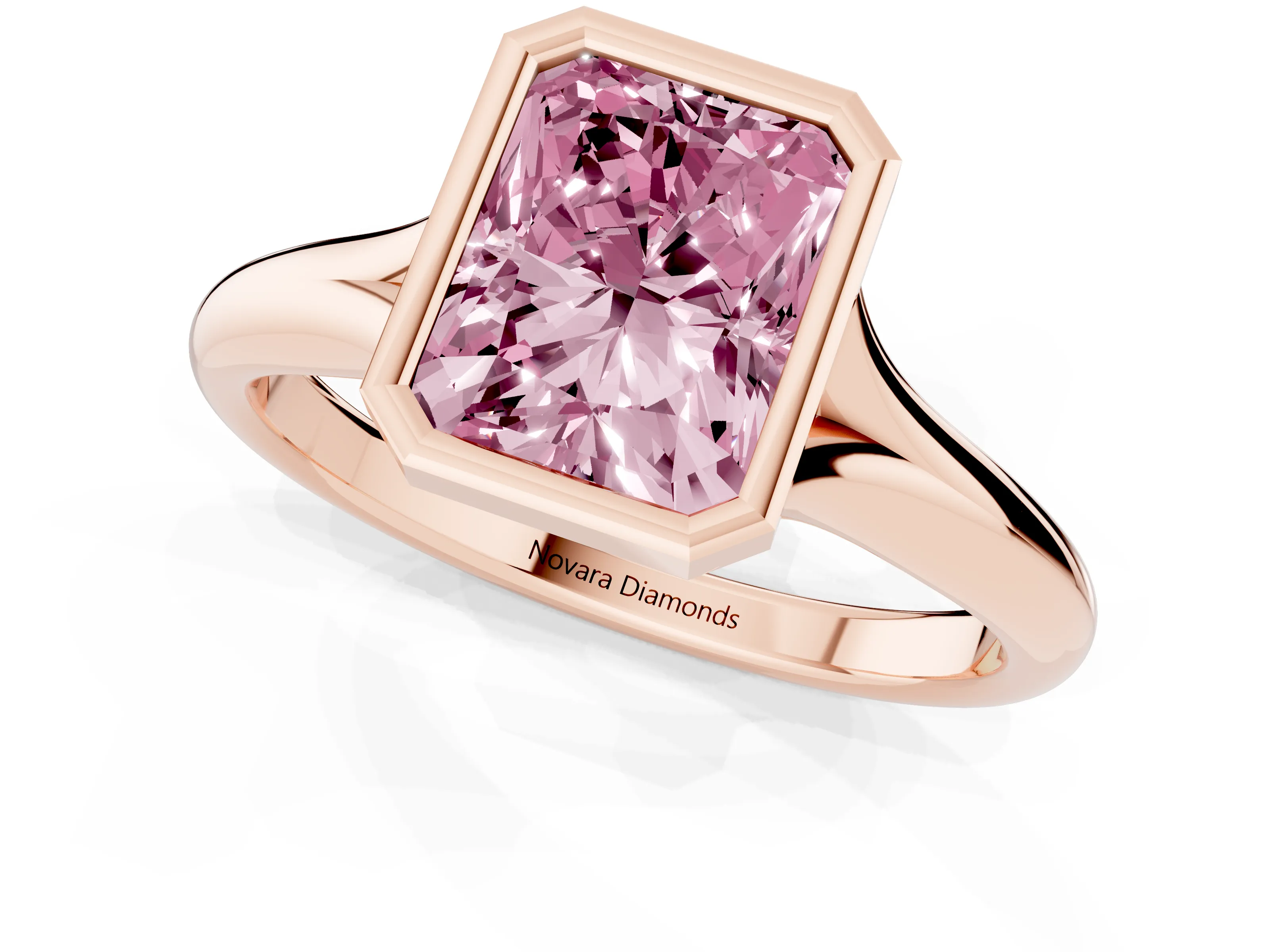 Fancy Pink Bezel Set Radiant Cut Diamond Solitaire Ring Set in Rose gold with Smooth Band