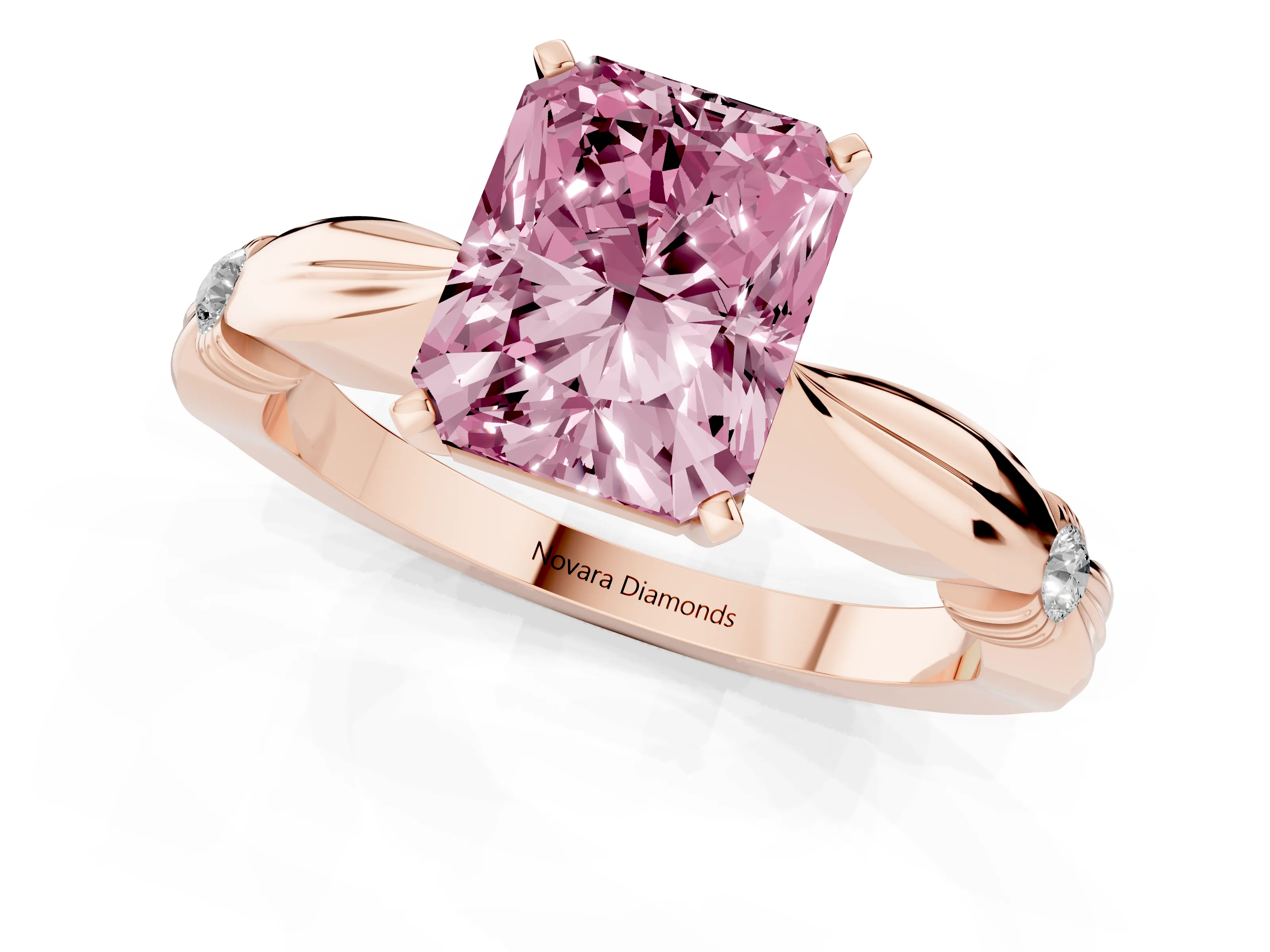 Fancy Pink Radiant Cut Diamond Solitaire Twisted Band Ring Set in Rose gold with Accent Stones and Prong Setting