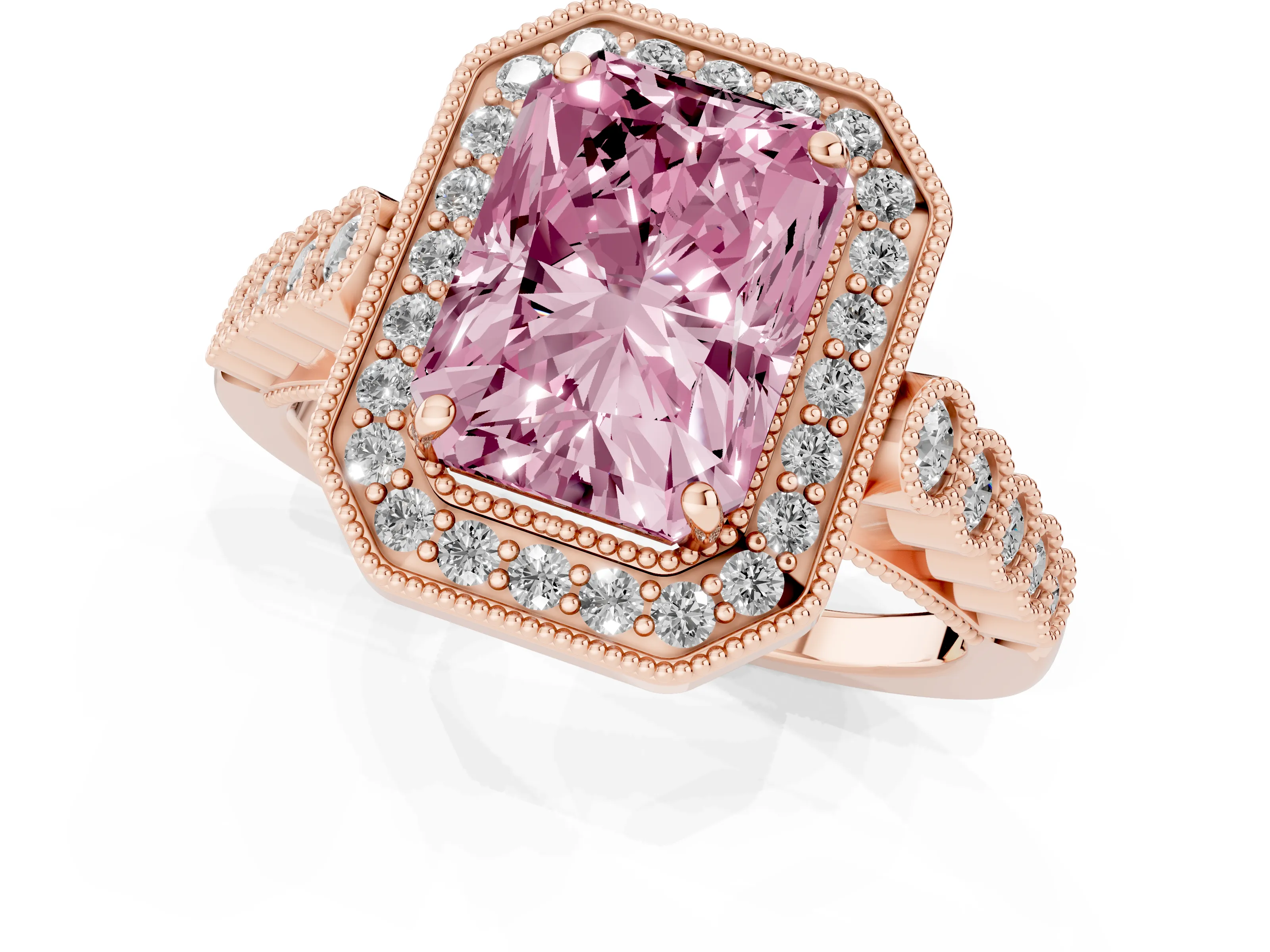 Fancy Pink Radiant Cut Diamond Milgrain Halo Solitaire Ring Set in Rose gold with Bezel Set Side Stones and Pavé Band