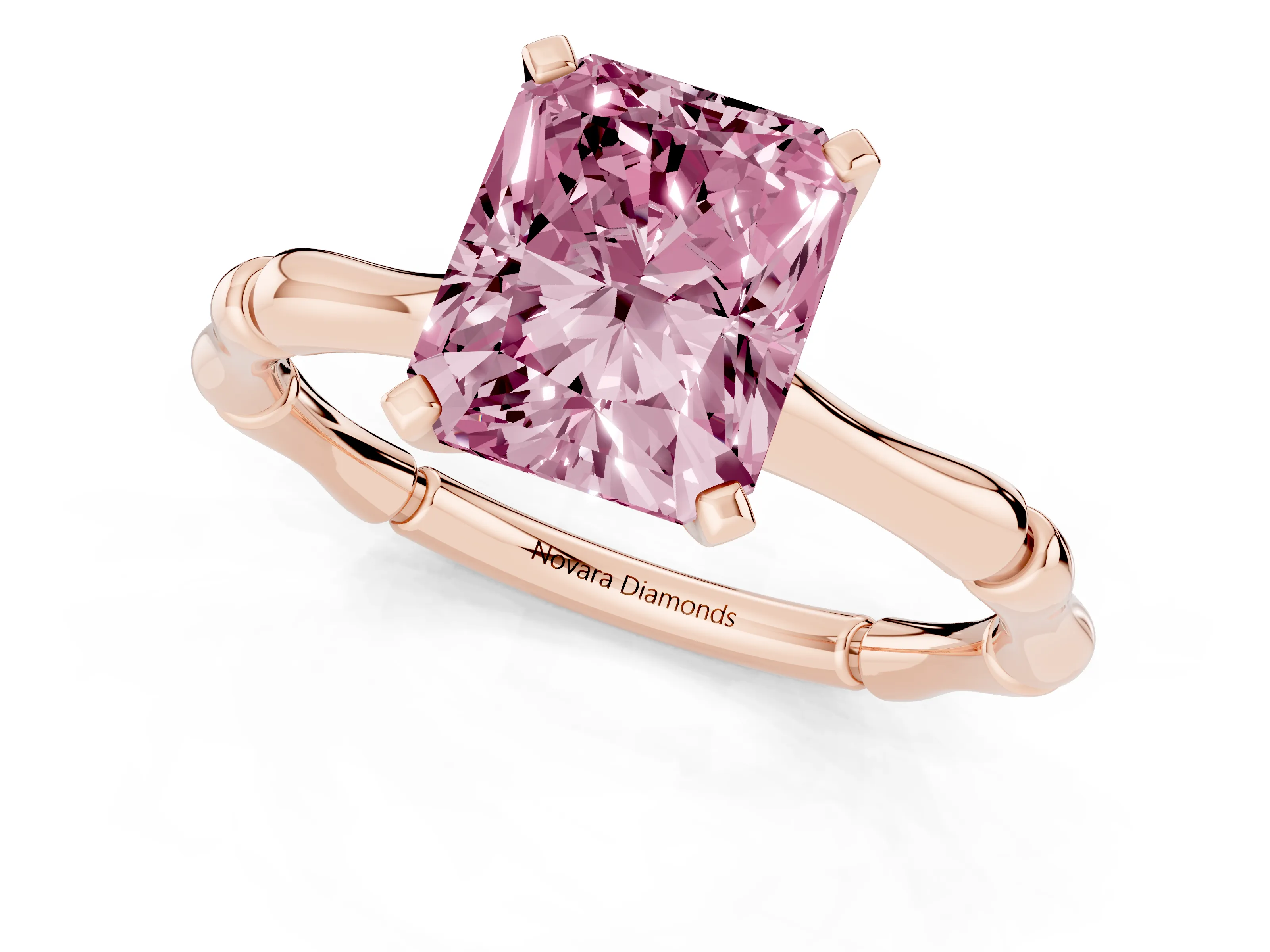 Fancy Pink Radiant Cut Diamond Solitaire Ring Set in Rose gold with Bamboo Band and Prong Setting – second view