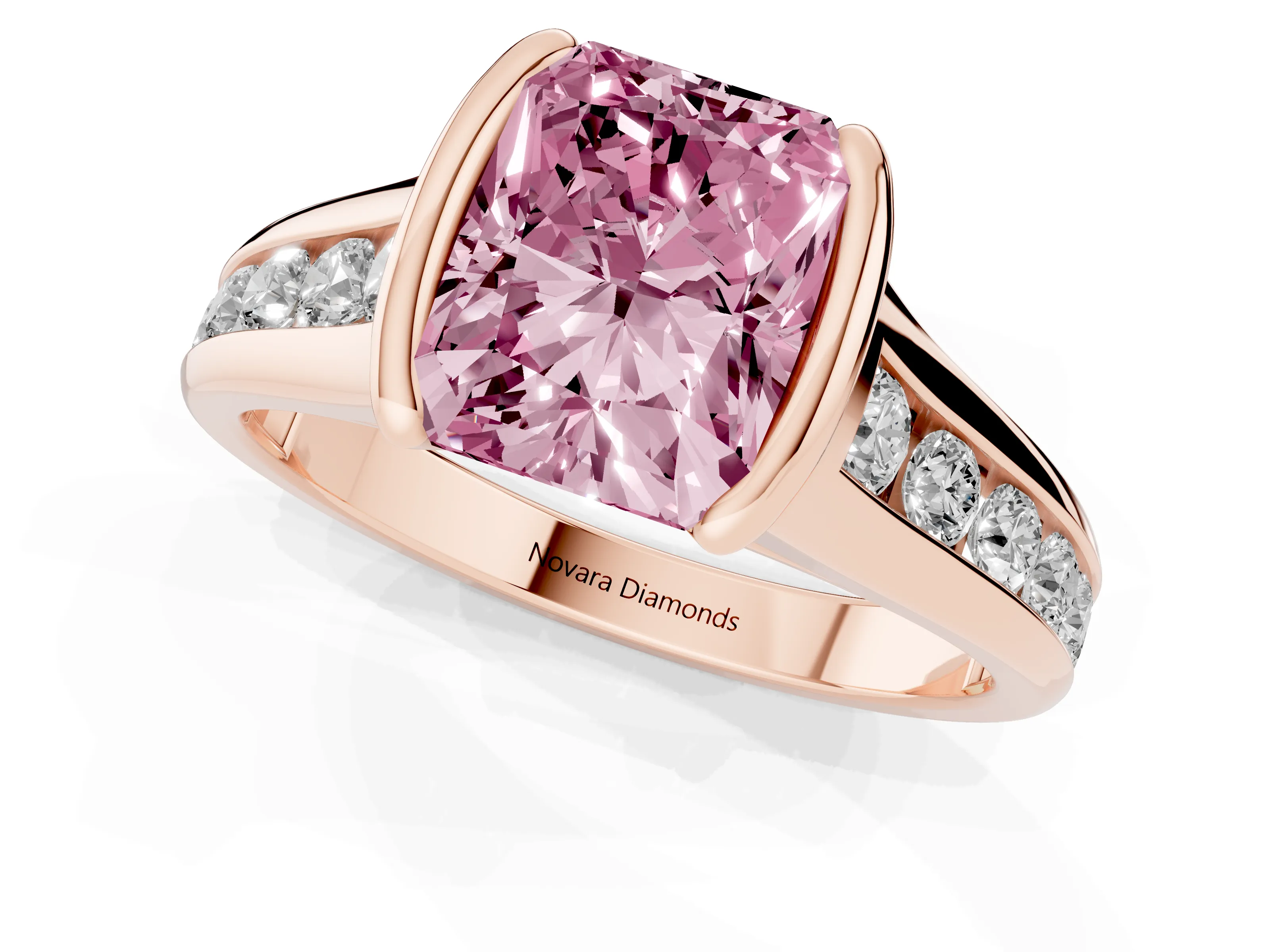 Fancy Pink Radiant Cut Diamond Bezel-Set Solitaire Ring Set in Rose gold with Channel-Set Band