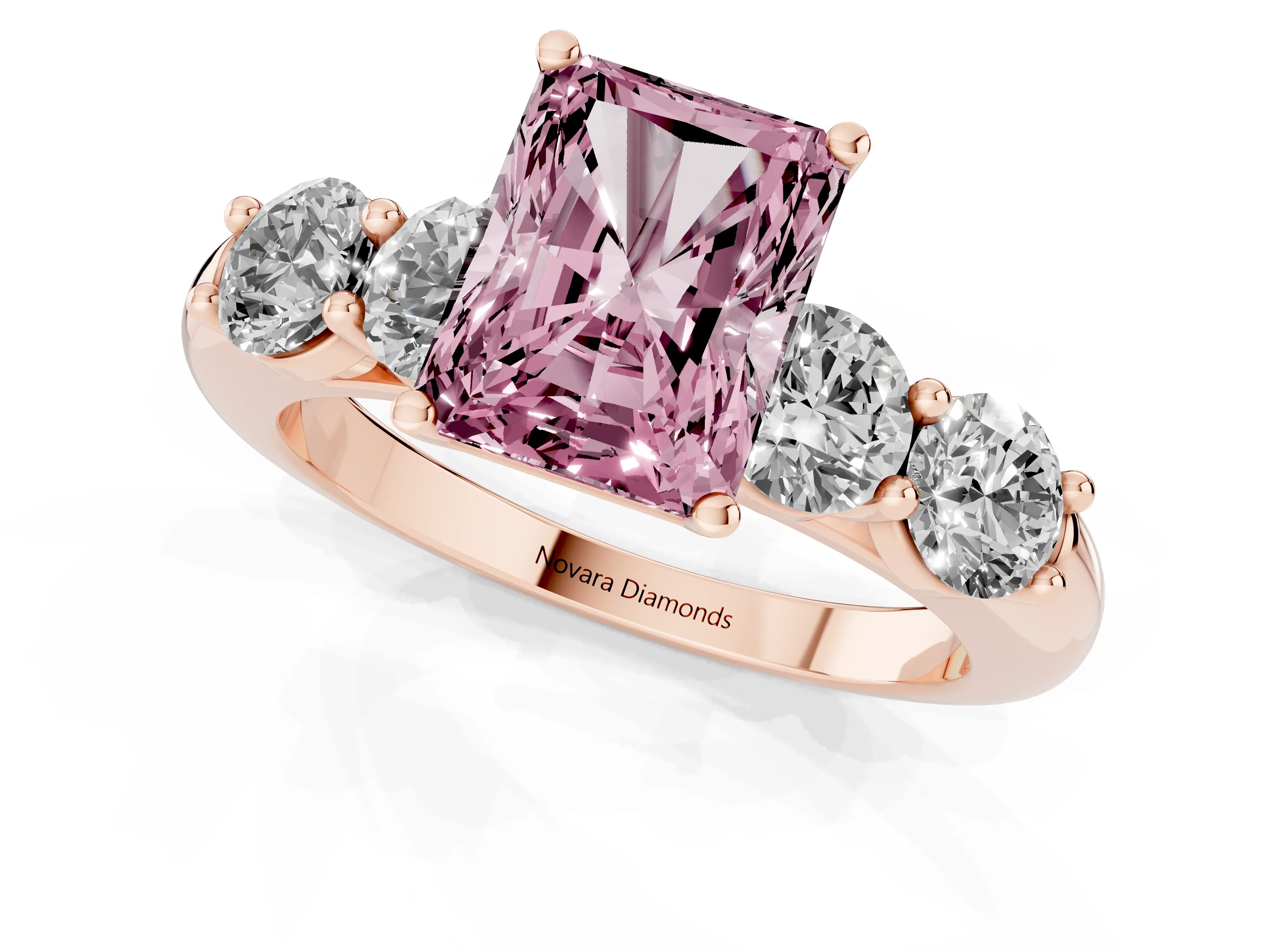 Fancy Pink Radiant Cut Diamond Five-Stone Prong Set Ring Set in Rose gold with Classic Band
