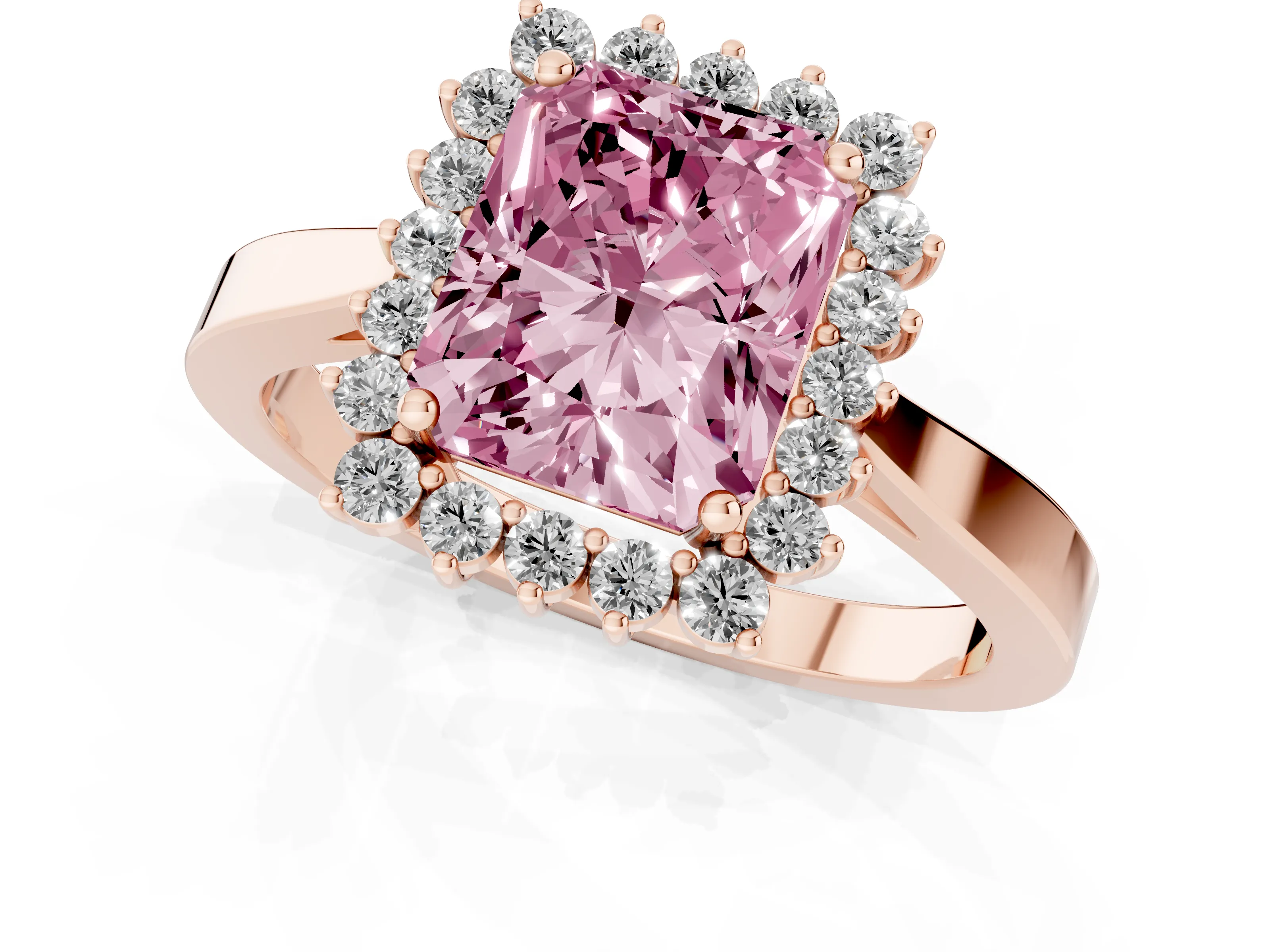 Fancy Pink Radiant Cut Diamond Halo Ring Set in Rose gold with Round Halo and Smooth Solitaire Band