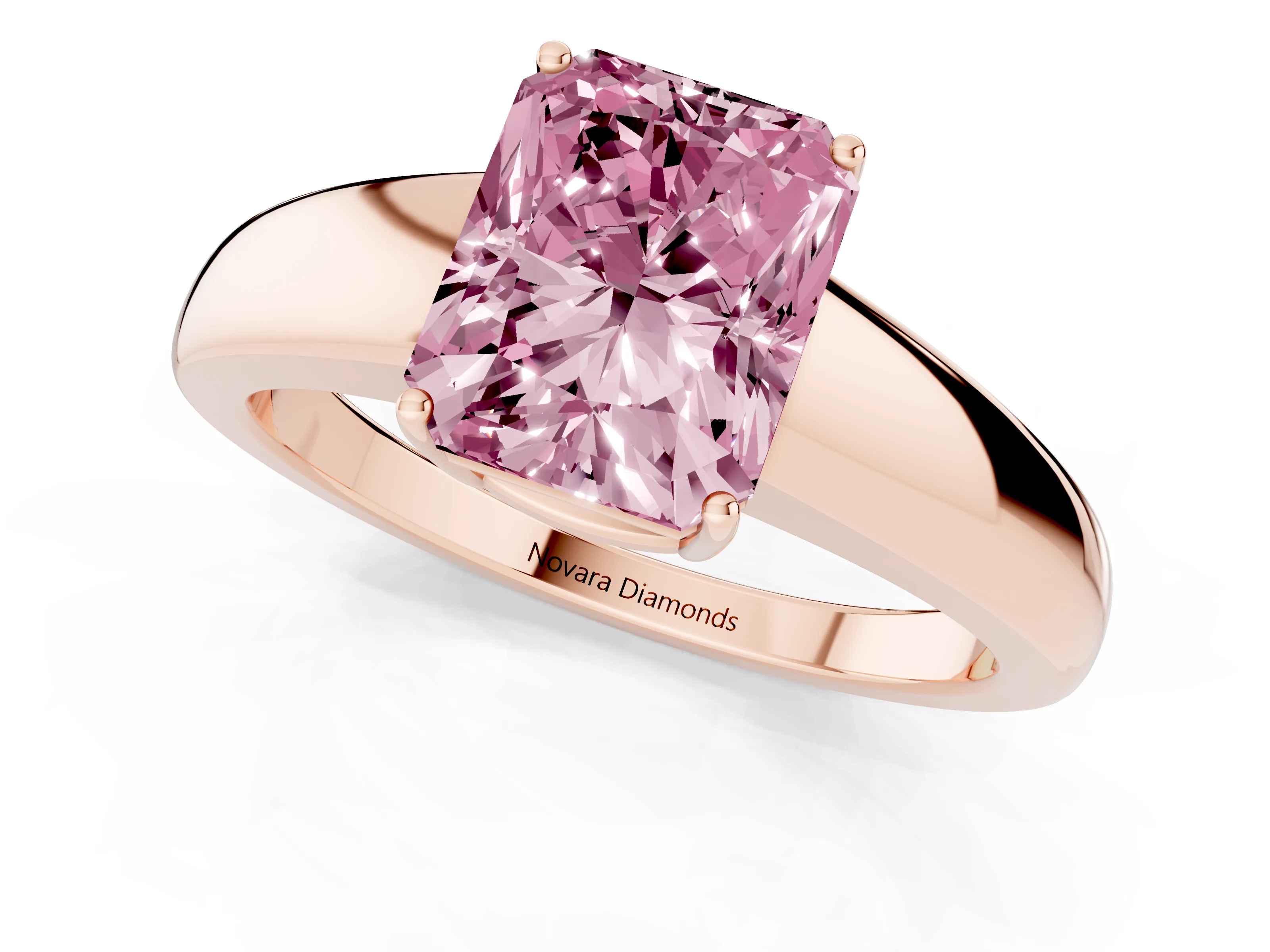 Fancy Pink Radiant Cut Diamond Solitaire Ring Set in Rose gold with Tapered Band and Prong Setting