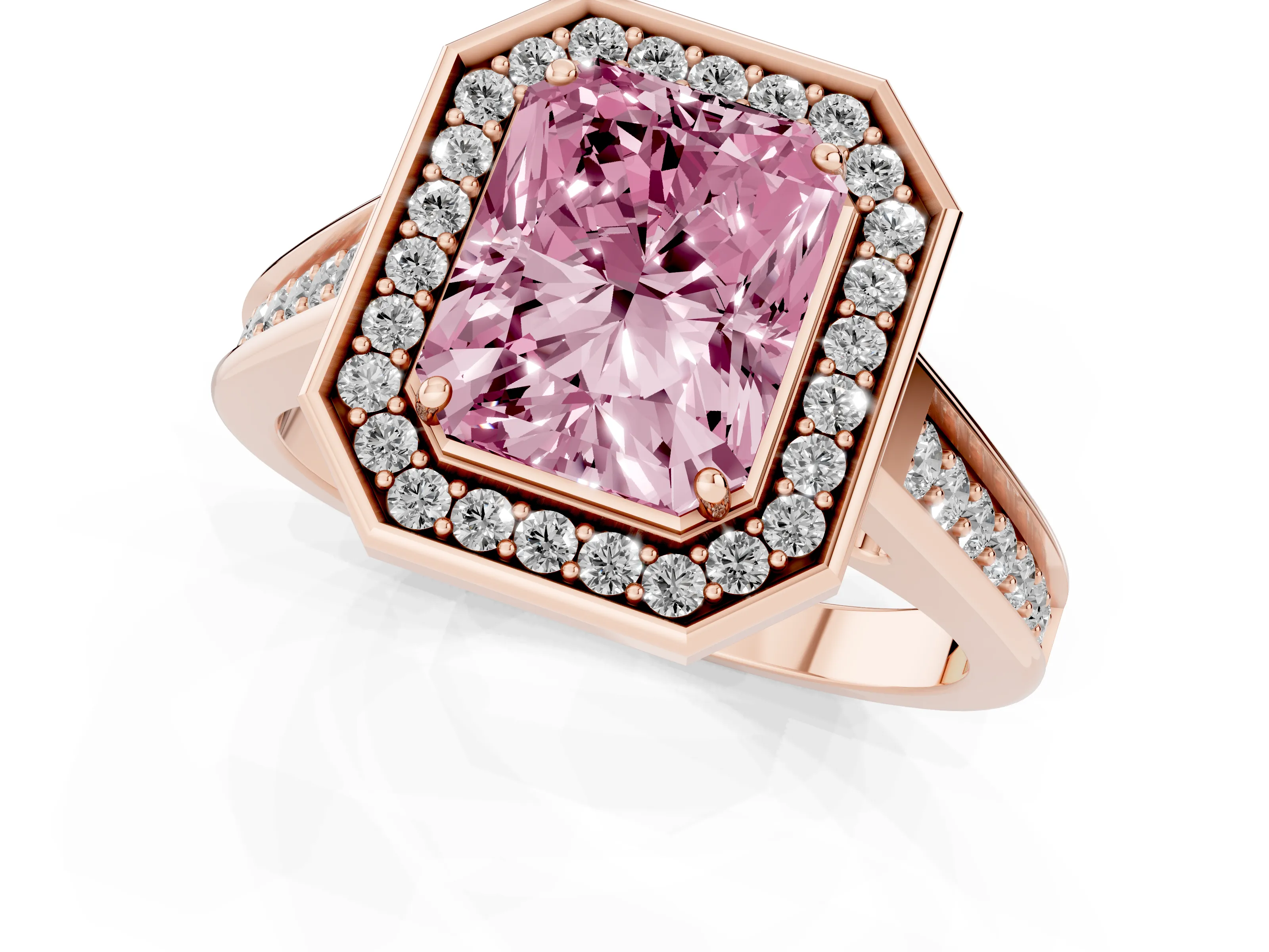Fancy Pink Radiant Cut Diamond Halo Solitaire Ring Set in Rose gold with Pavé Band and Bezel Setting