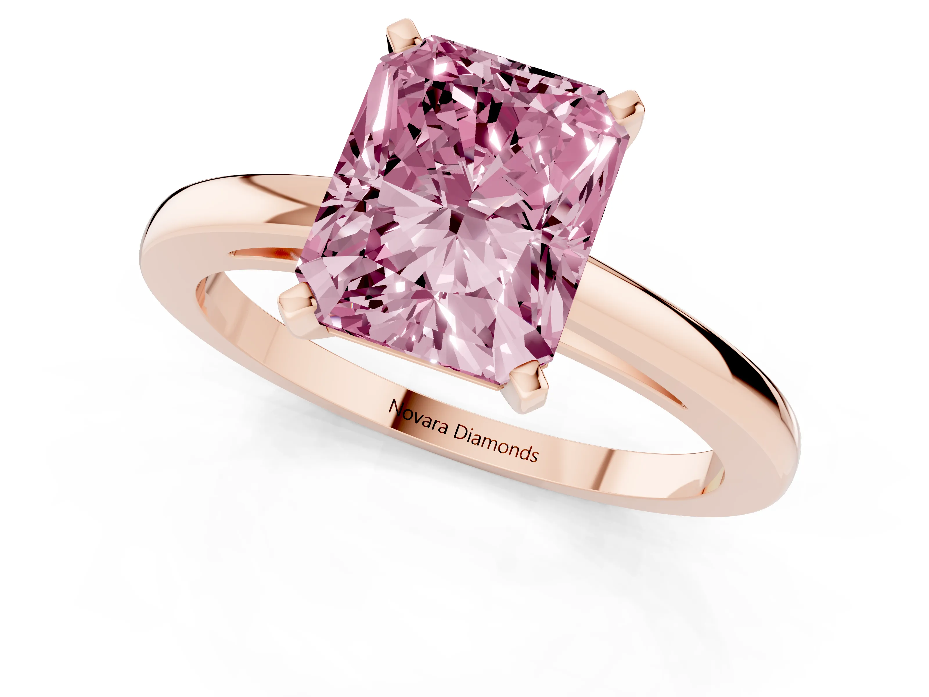Fancy Pink Radiant Cut Diamond Solitaire Engagement Ring Set in Rose gold with Prong Setting on a Classic Band