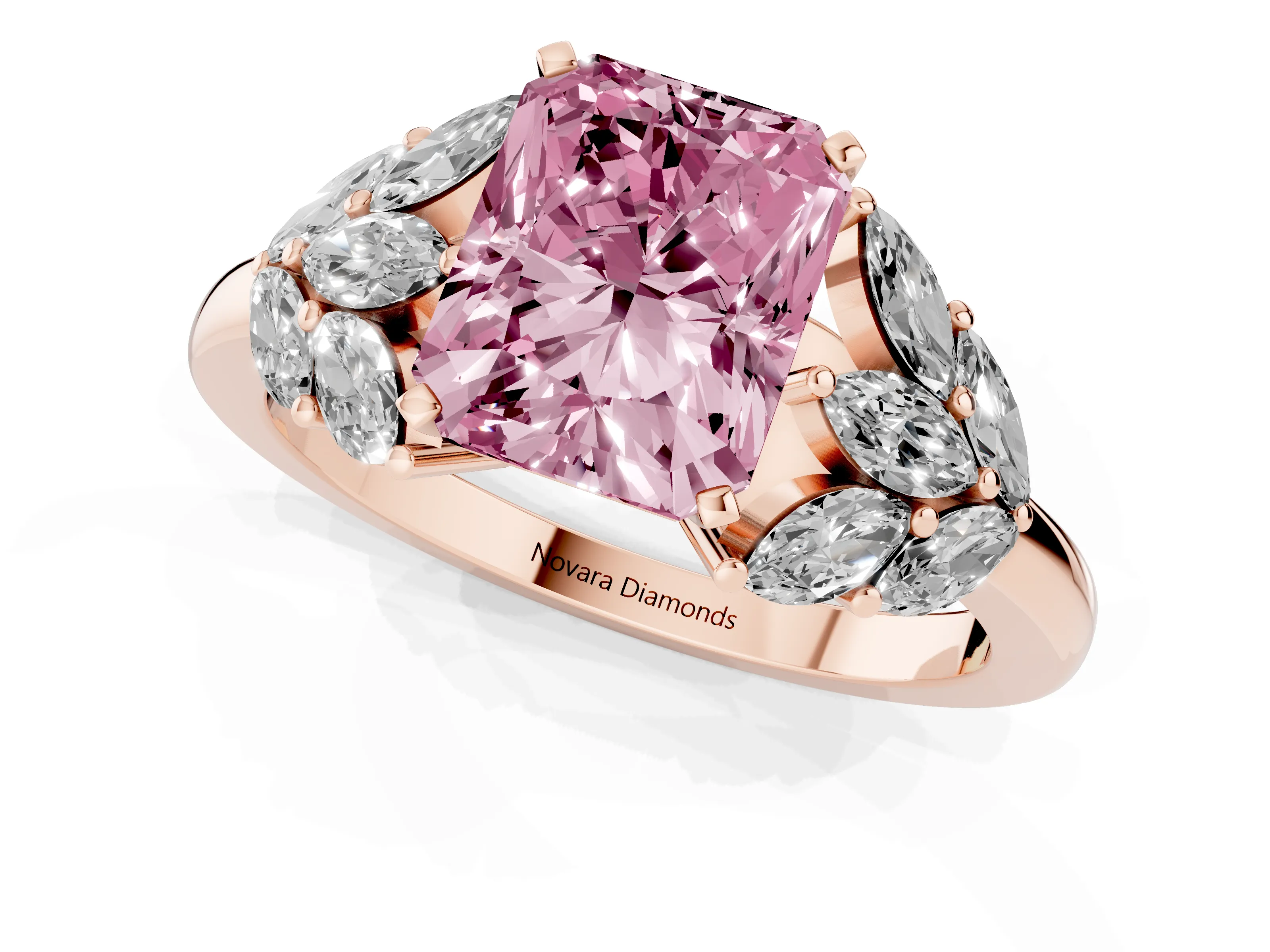 Fancy Pink Radiant Cut Diamond Cluster Leaf Design Ring Set in Rose gold with Prong Setting