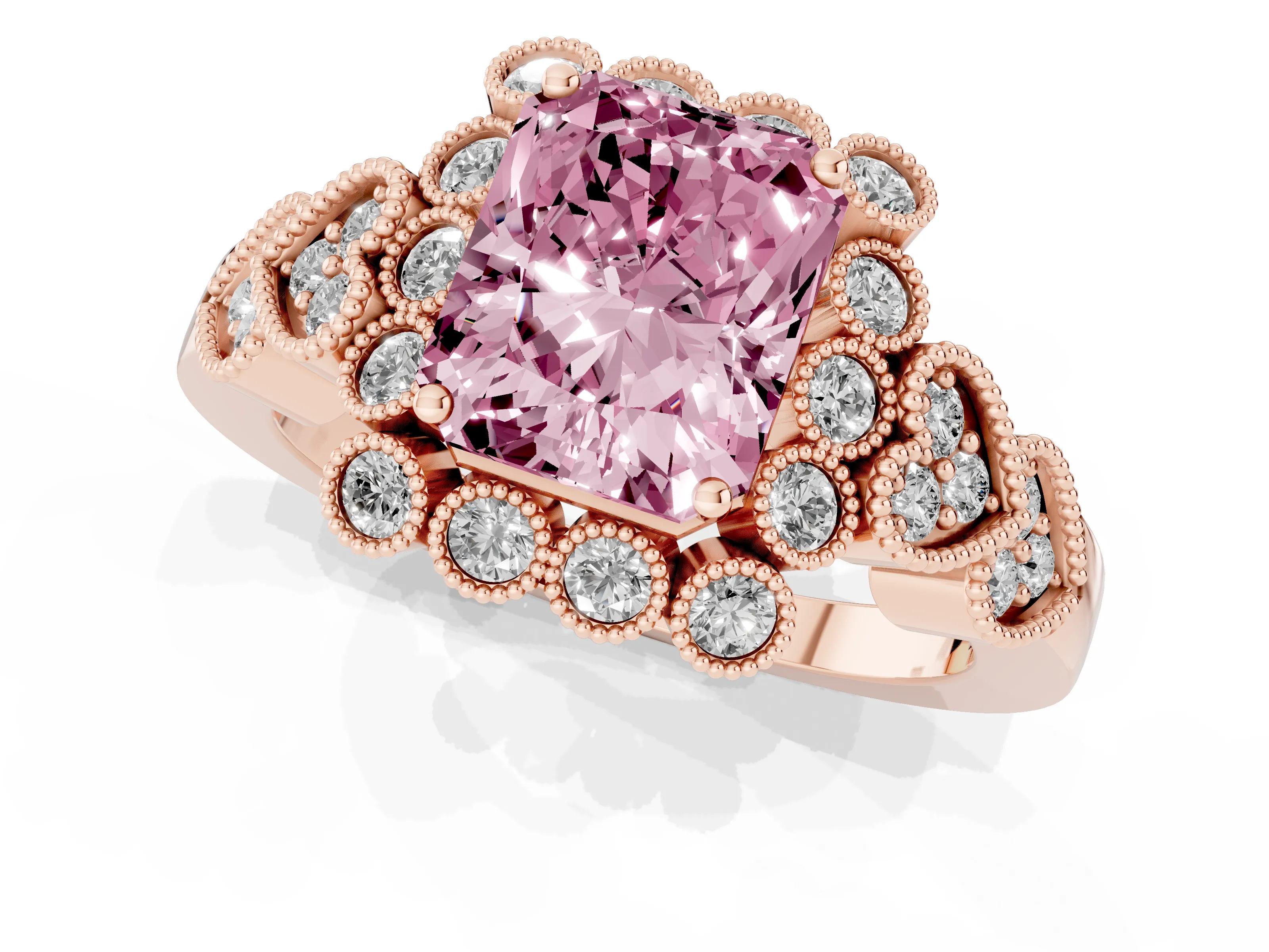 Fancy Pink Radiant Cut Diamond Solitaire Ring Set in Rose gold with Milgrain Pavé Heart Band