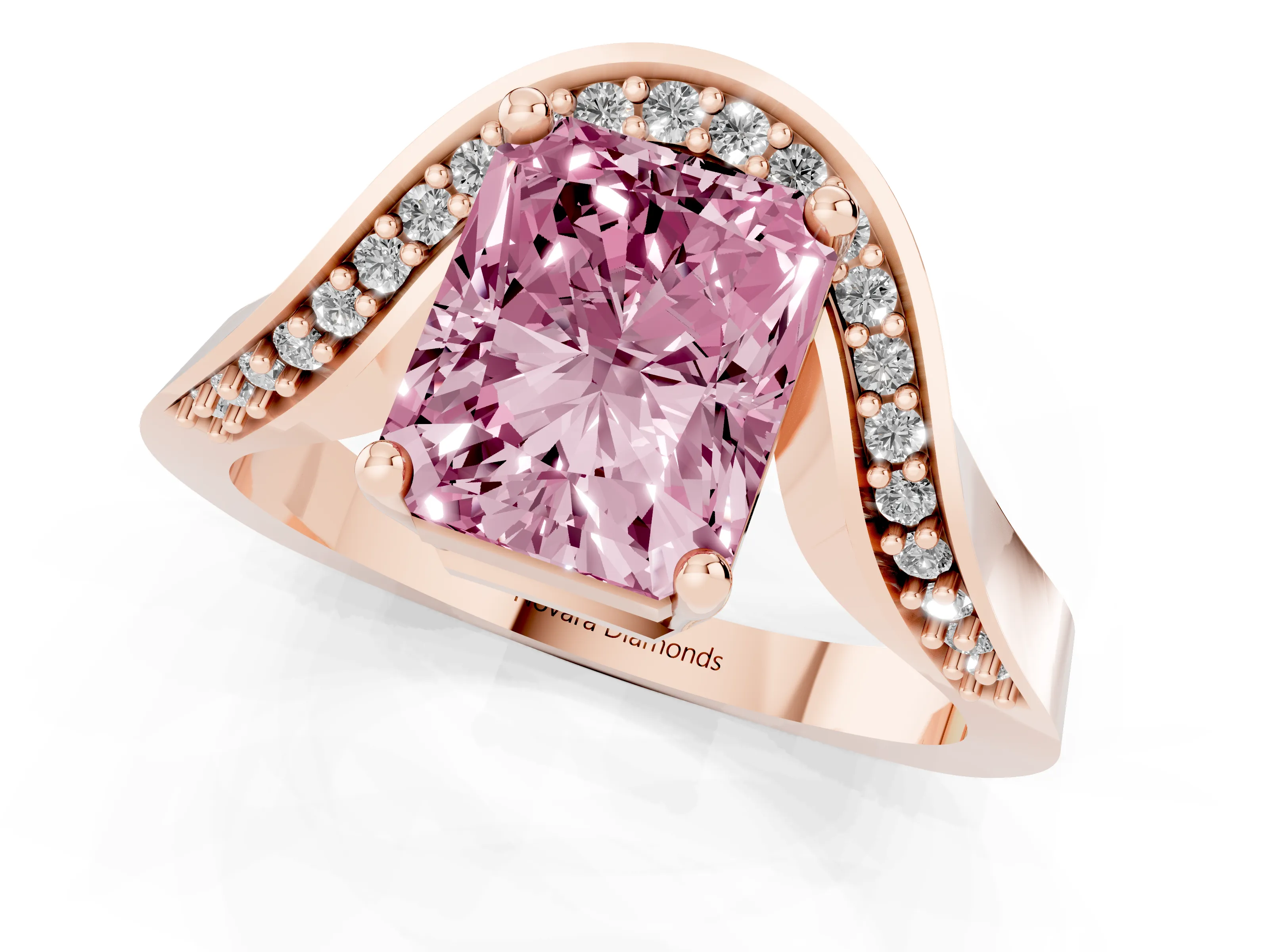 Fancy Pink Radiant Cut Diamond Solitaire Engagement Ring Set in Rose gold with Pavé Shoulders