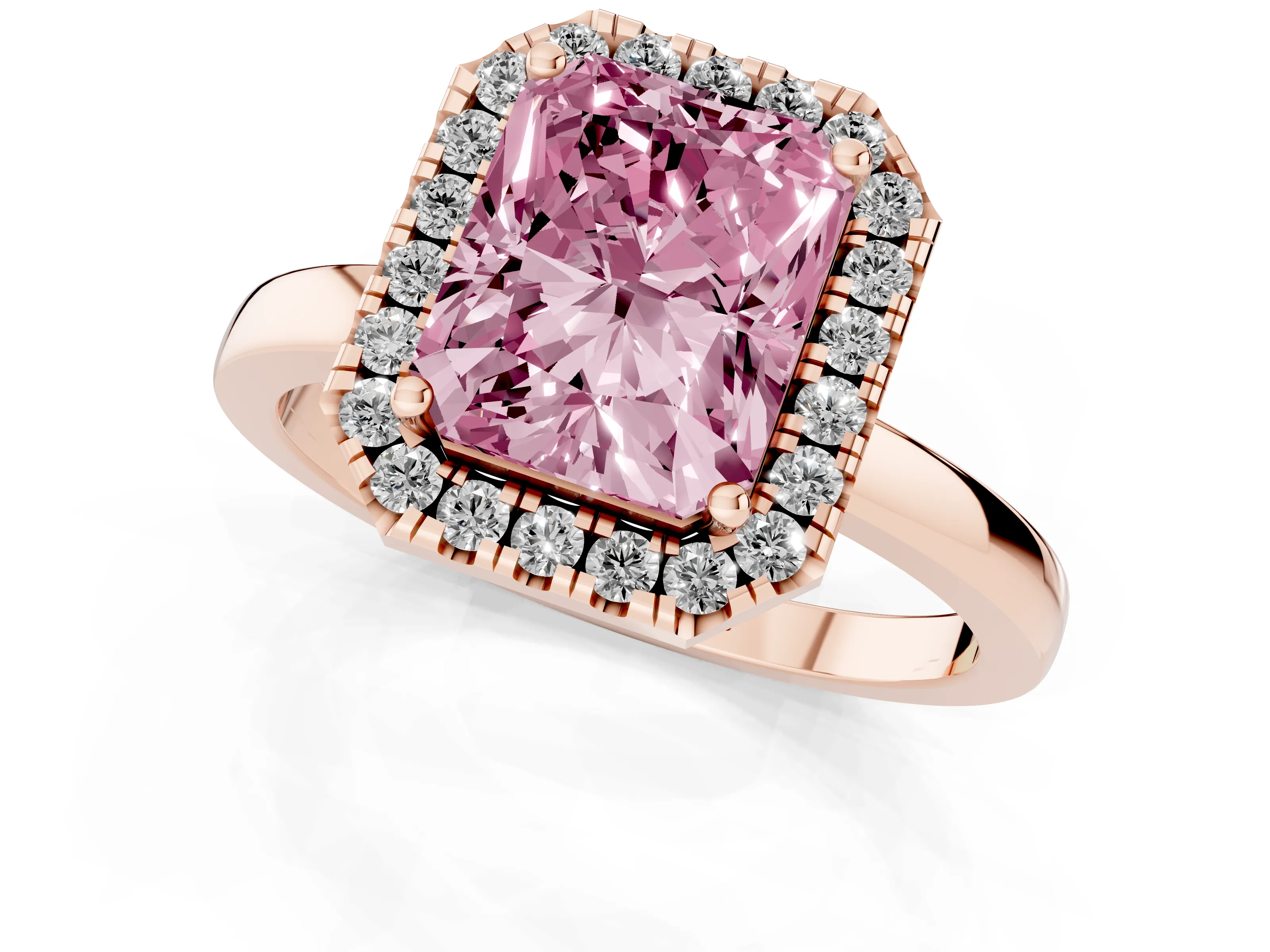 Fancy Pink Radiant Cut Diamond Halo Solitaire Ring Set in Rose gold with Pavé Band and Prong Setting