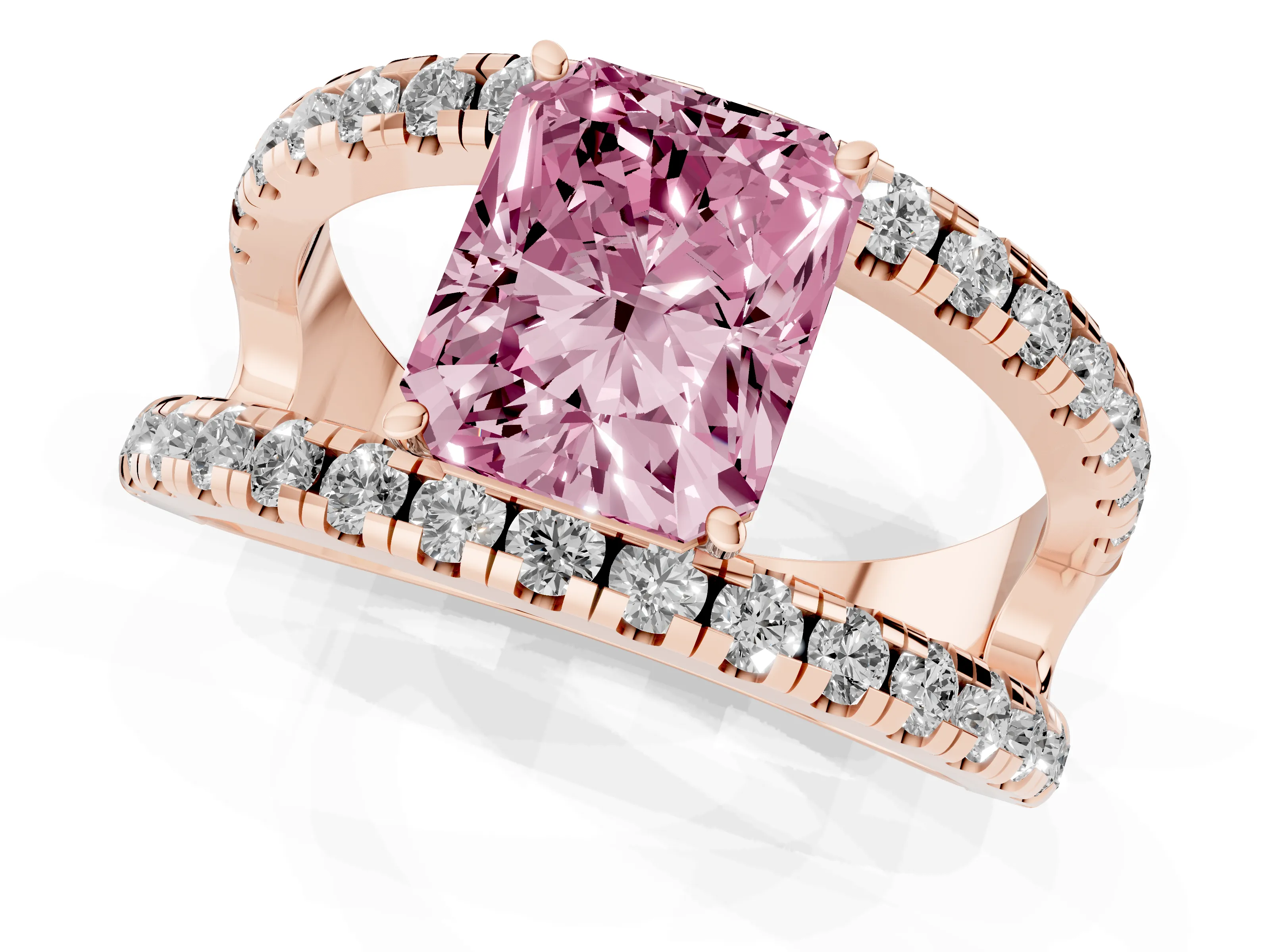 Fancy Pink Radiant Cut Diamond Split Shank Pavé Solitaire Ring Set in Rose gold with Open Shank Design