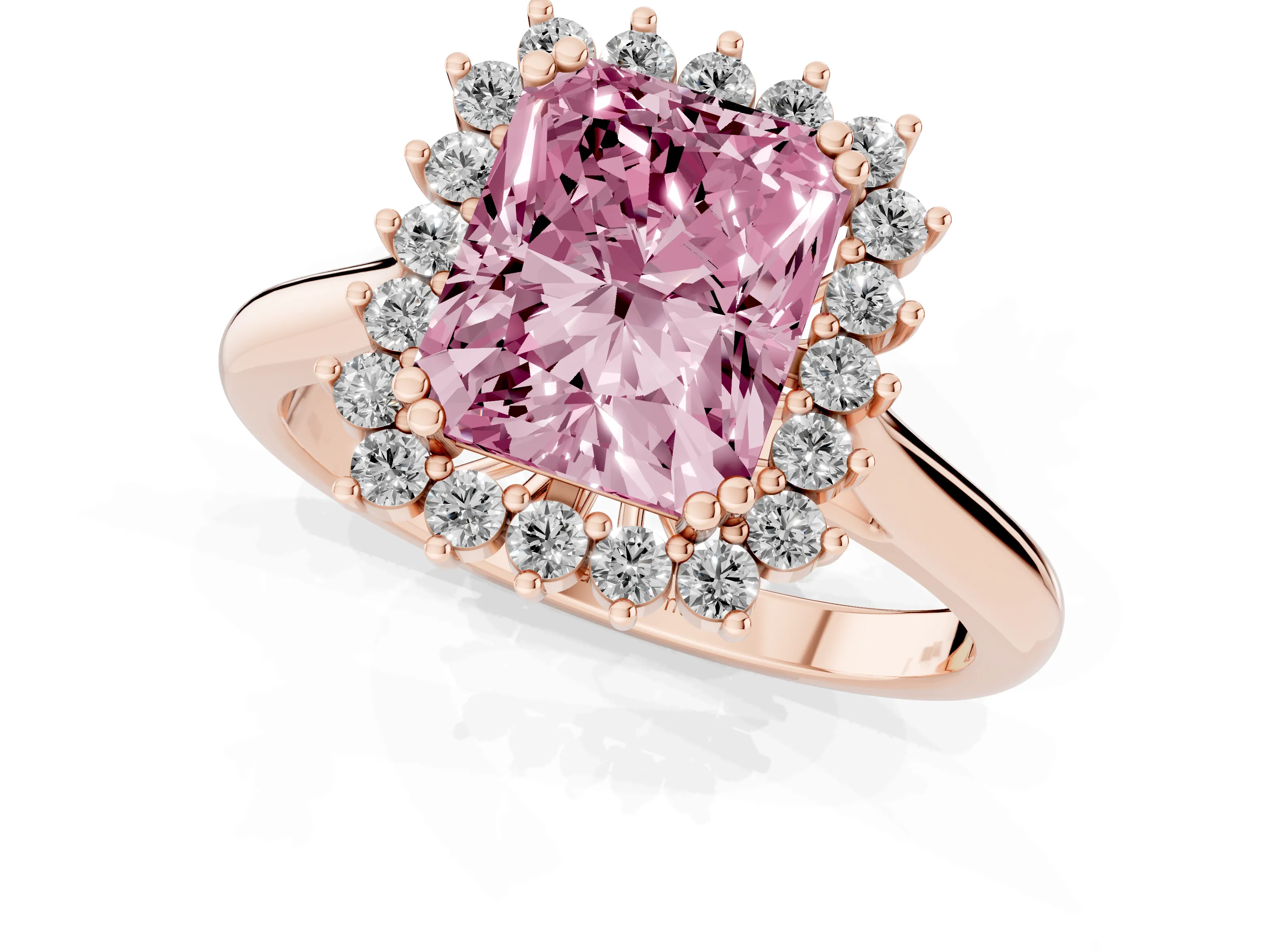 Fancy Pink Radiant Cut Diamond Halo Ring Set in Rose gold with Plain Solitaire Band and Prong Setting