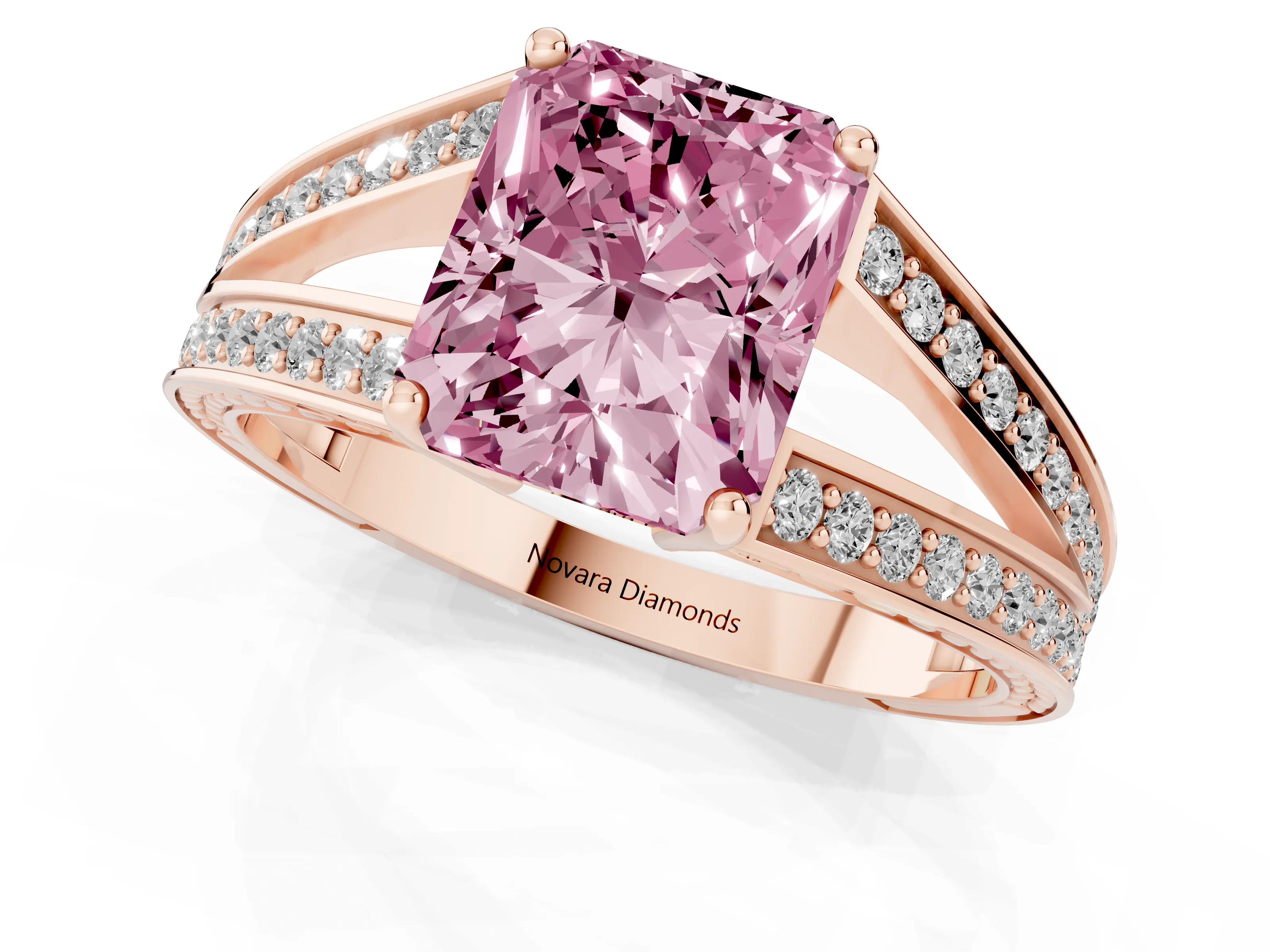 Fancy Pink Radiant Cut Diamond Split Shank Ring Set in Rose gold with Pavé Band and Prong Setting
