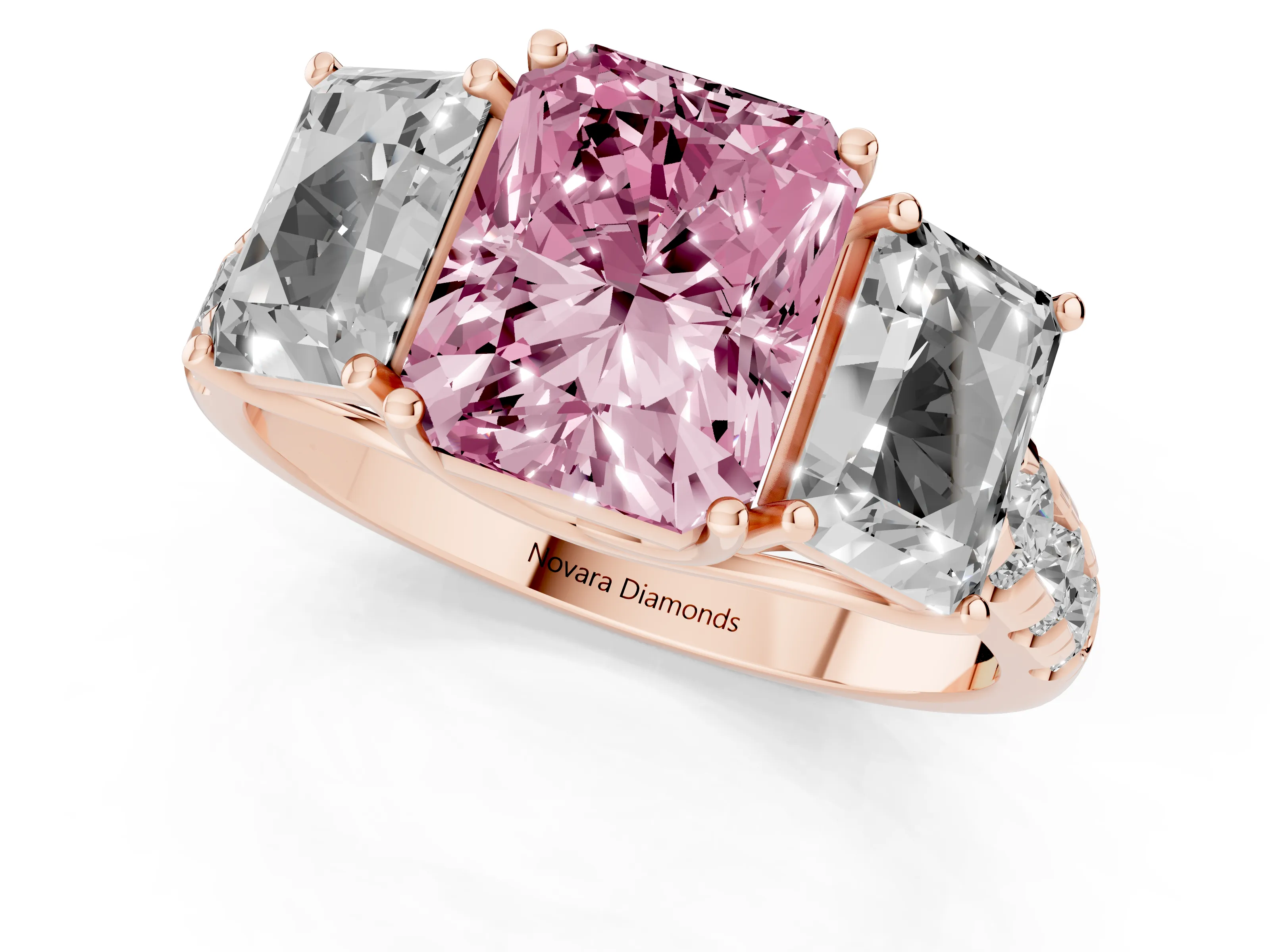 Fancy Pink Radiant Cut Diamond Three-Stone Ring Set in Rose gold with Pavé Band