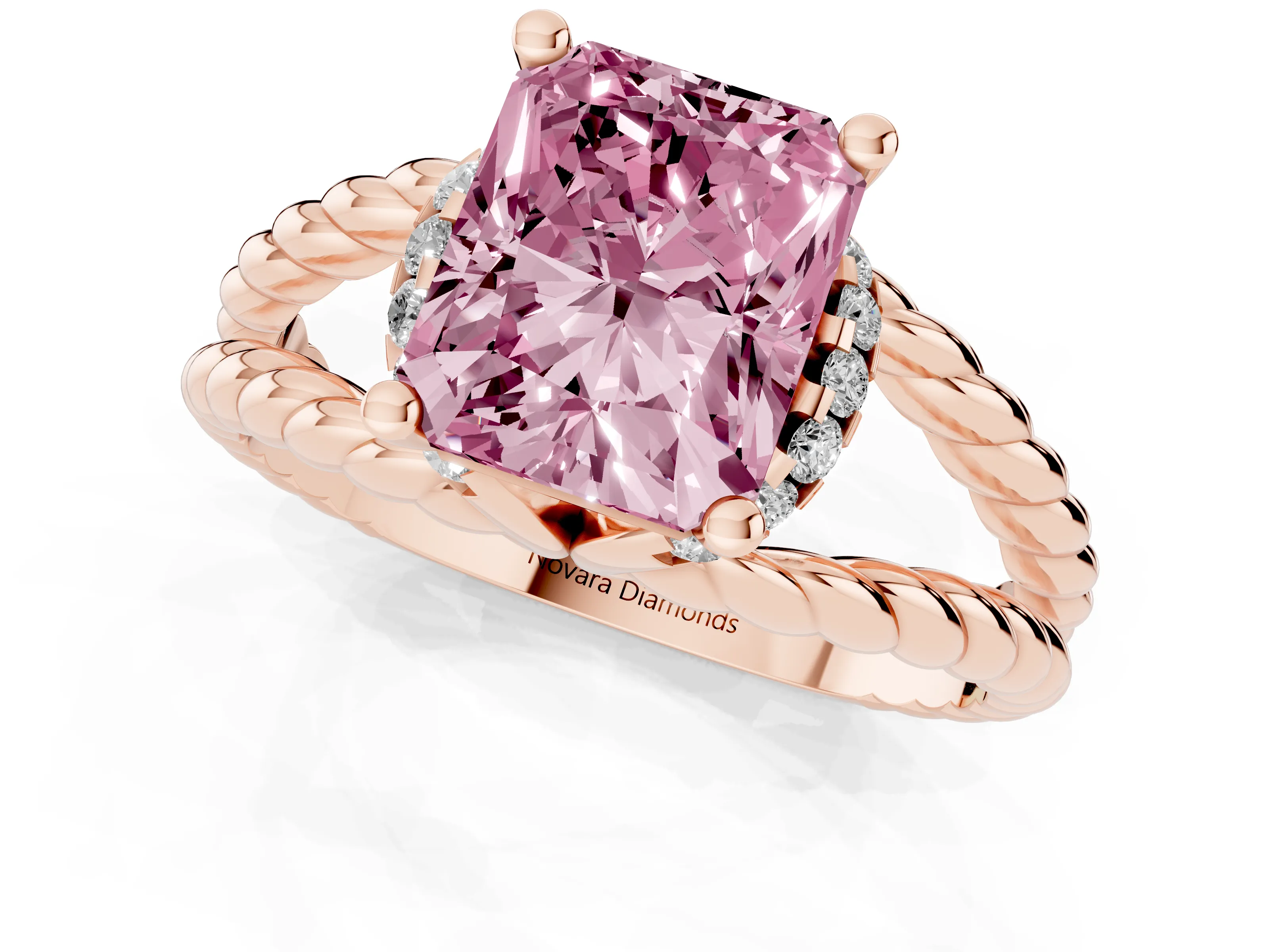 Fancy Pink Radiant Cut Diamond Halo Ring Set in Rose gold with Twisted Band and Prong Setting