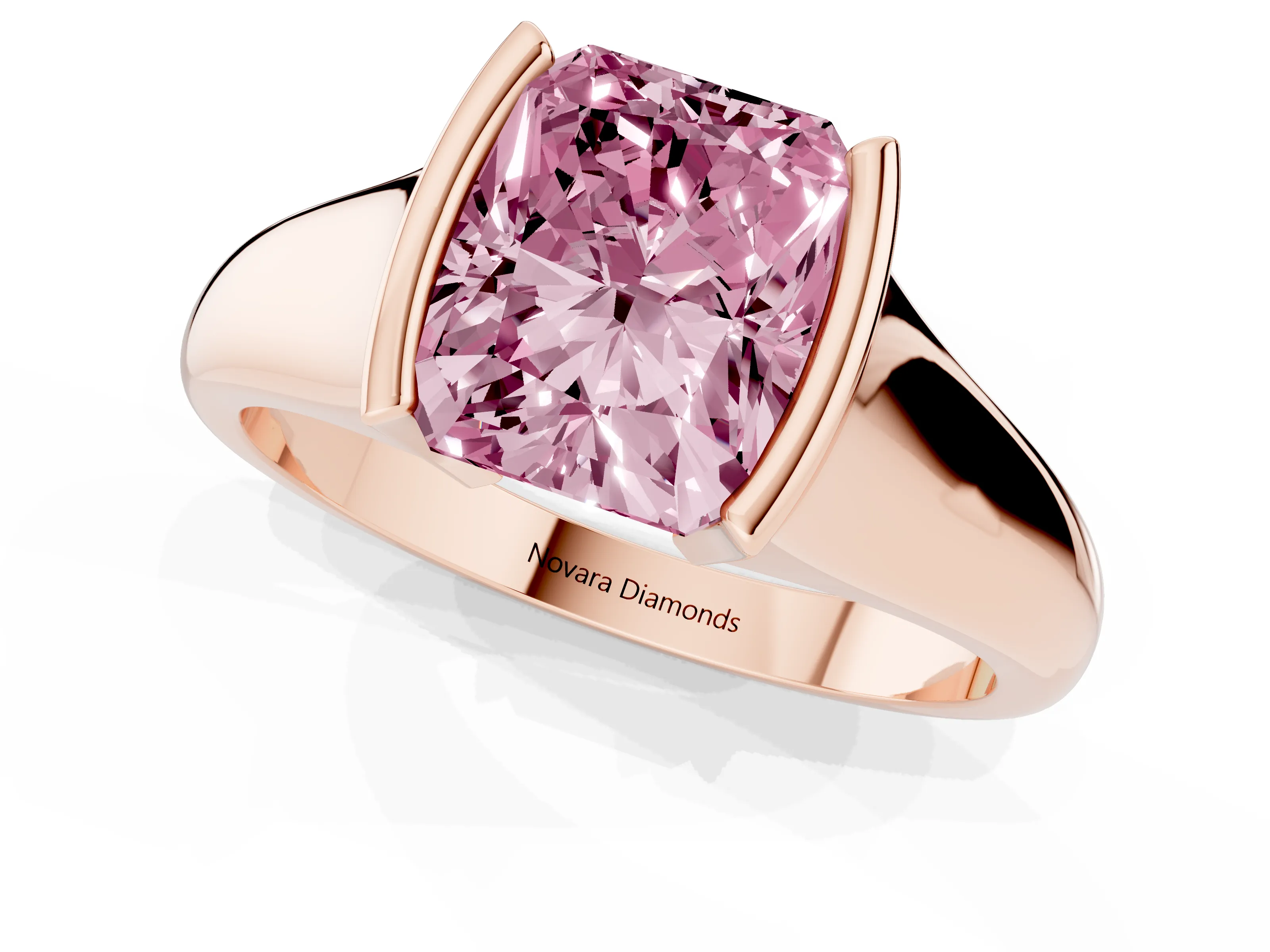 Fancy Pink Radiant Cut Diamond Solitaire Tension Set Ring Set in Rose gold with Split Shank Band