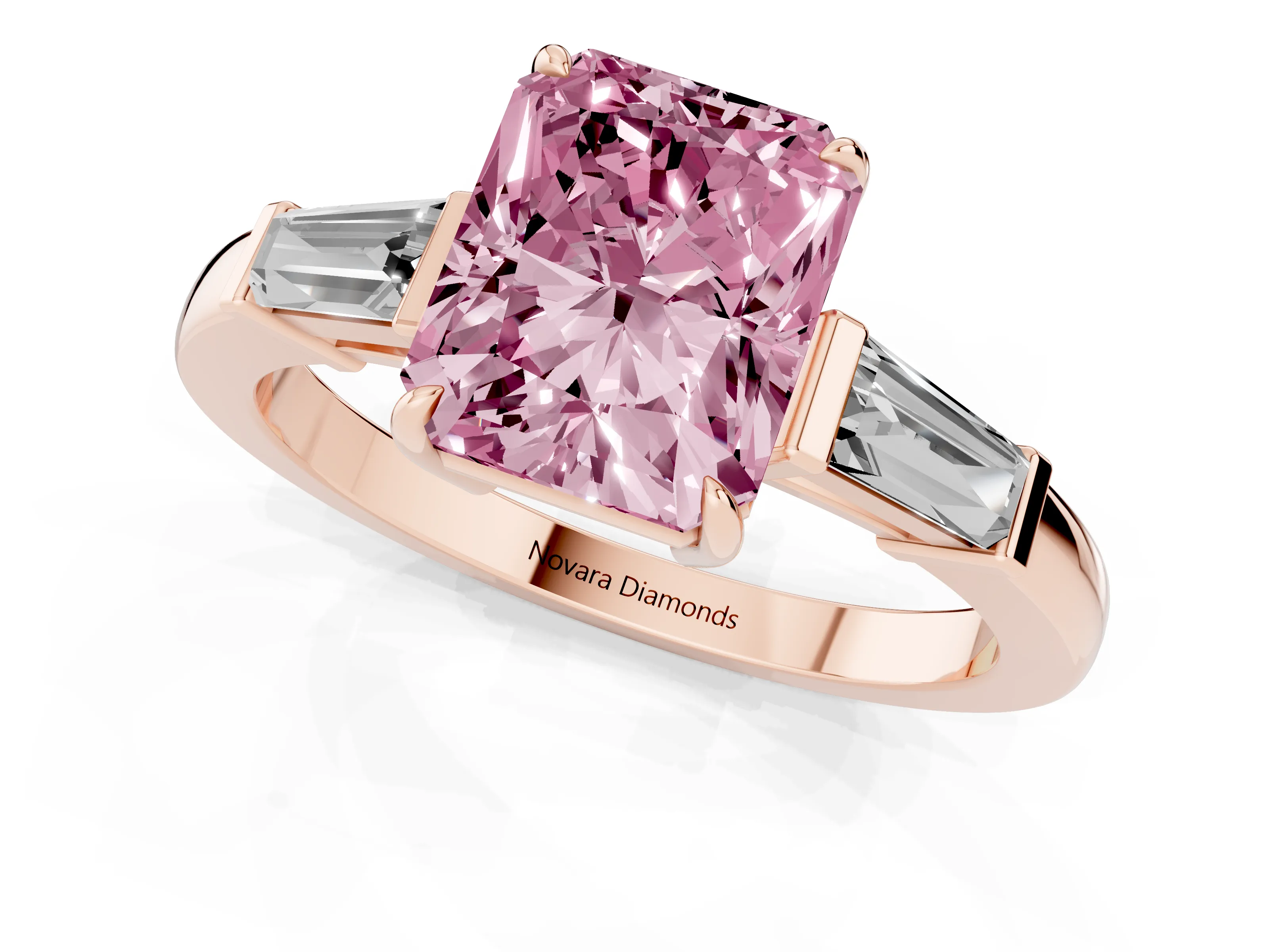Fancy Pink Radiant Cut Diamond Three-Stone Ring Set in Rose gold with Tapered Baguette Side Stones and Prong Setting