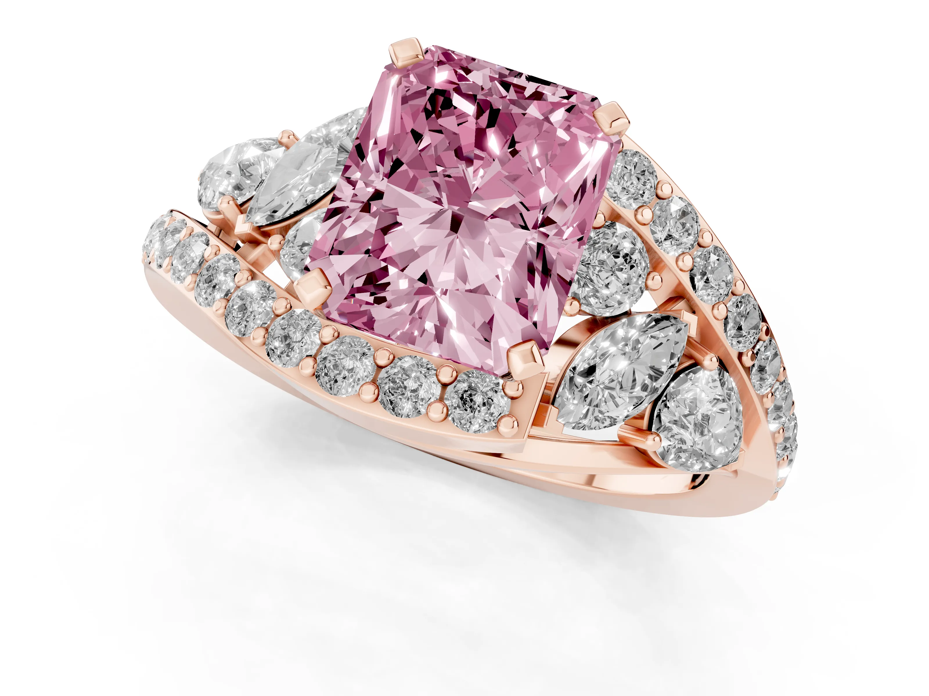 Fancy Pink Radiant Cut Diamond Halo Ring Set in Rose gold with Marquise and Pavé Band in Prong Setting